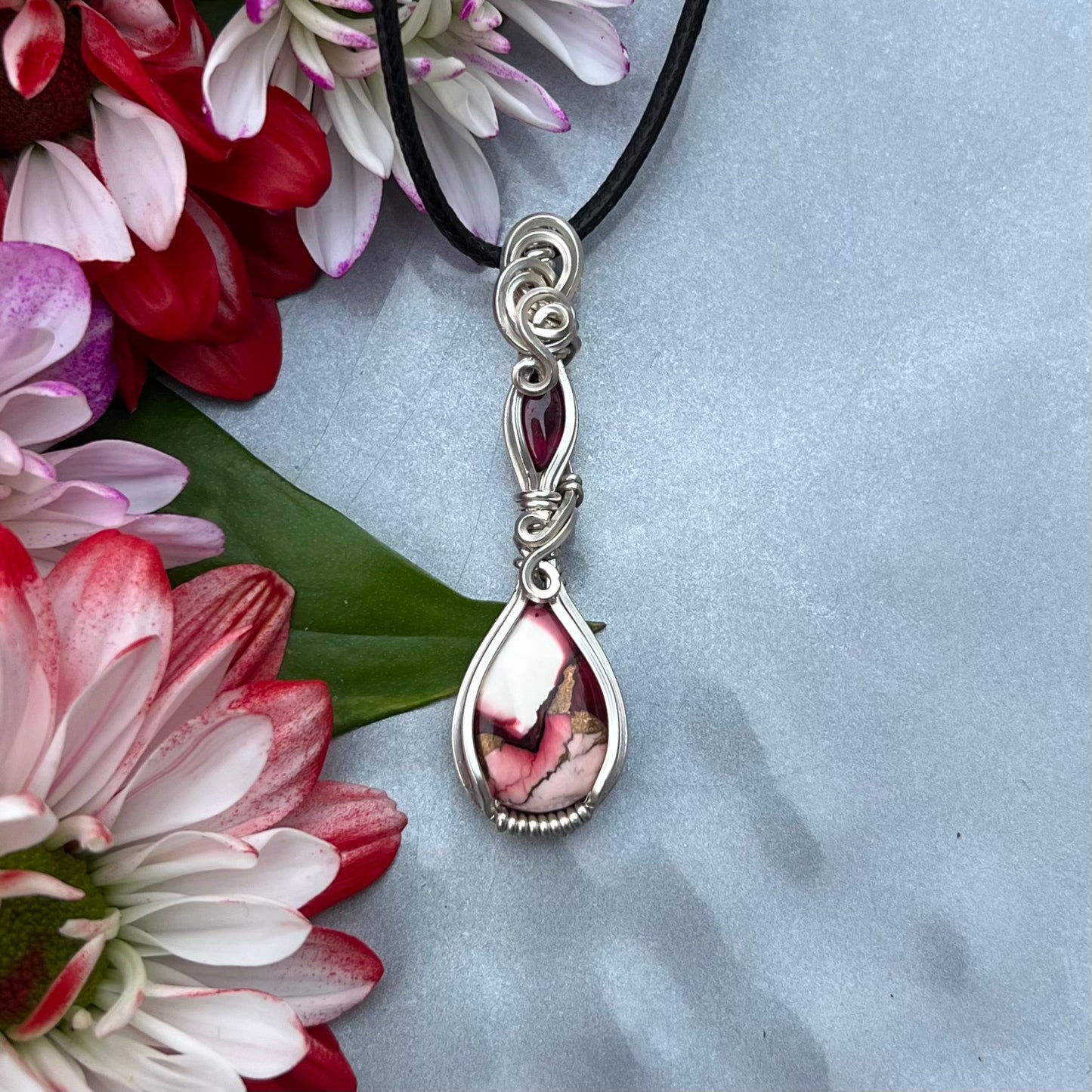 Red Rose Dahlia with Garnet in Argentium Silver