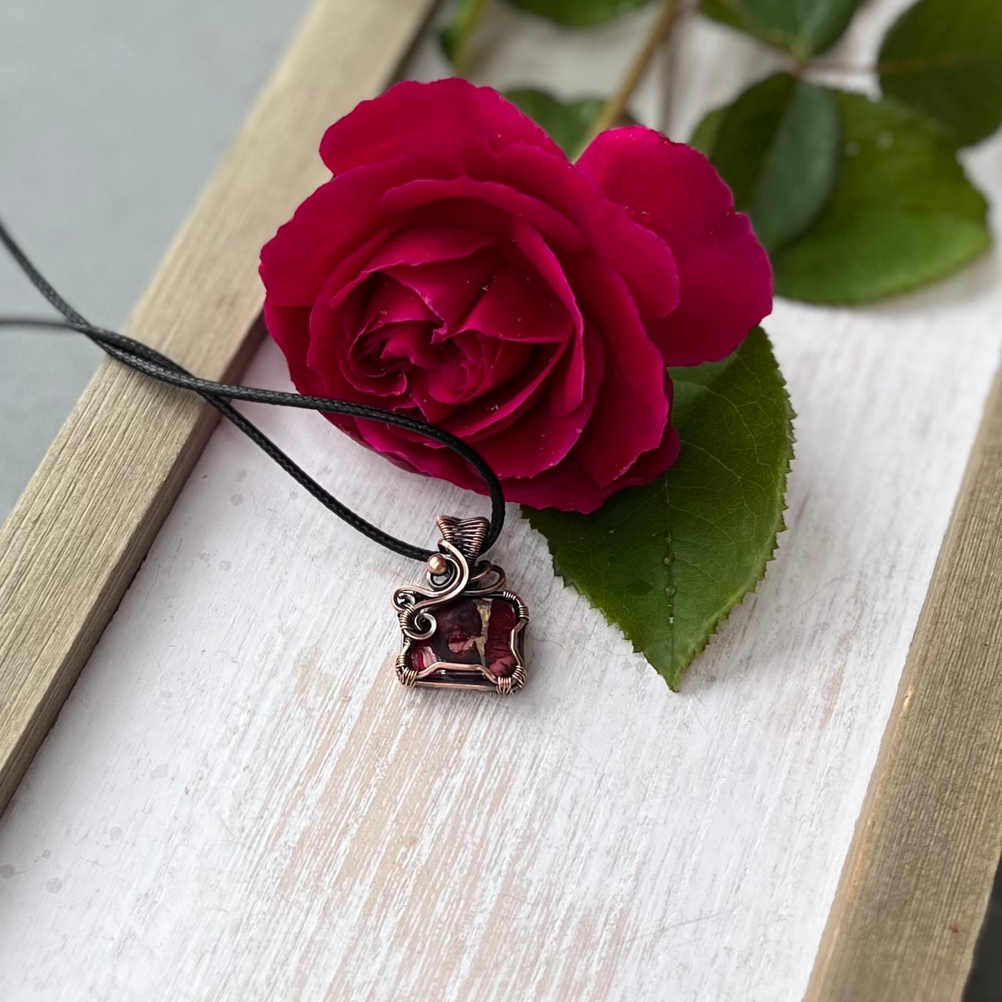 Red Rose Dahlia Pendant in antiqued Copper Wire