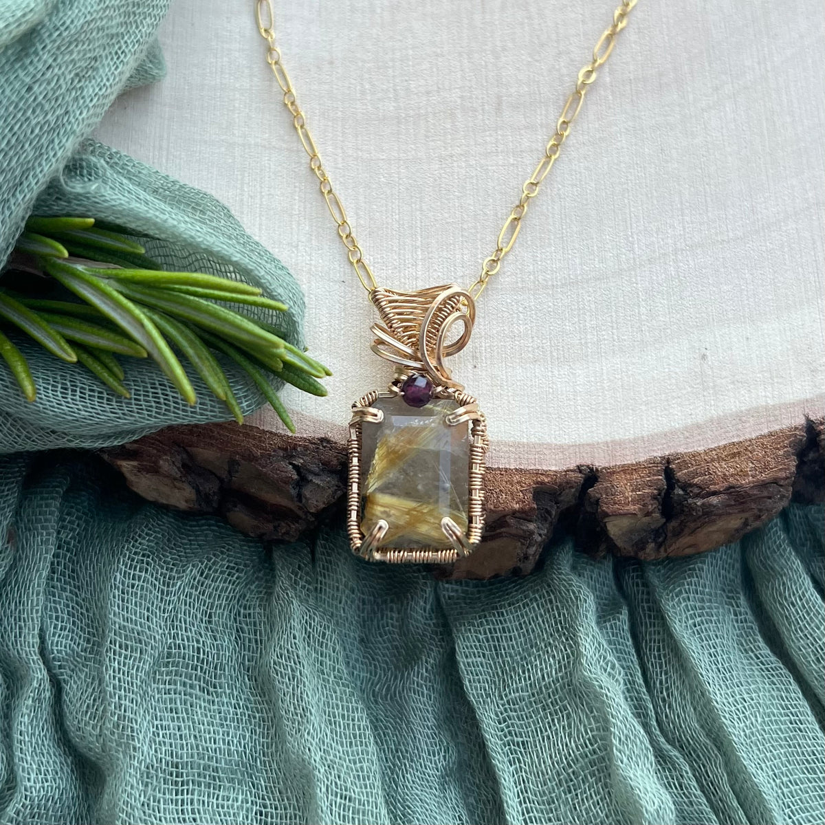 Golden Rutilated Quartz & Garnet Pendant|14k Gold-Filled