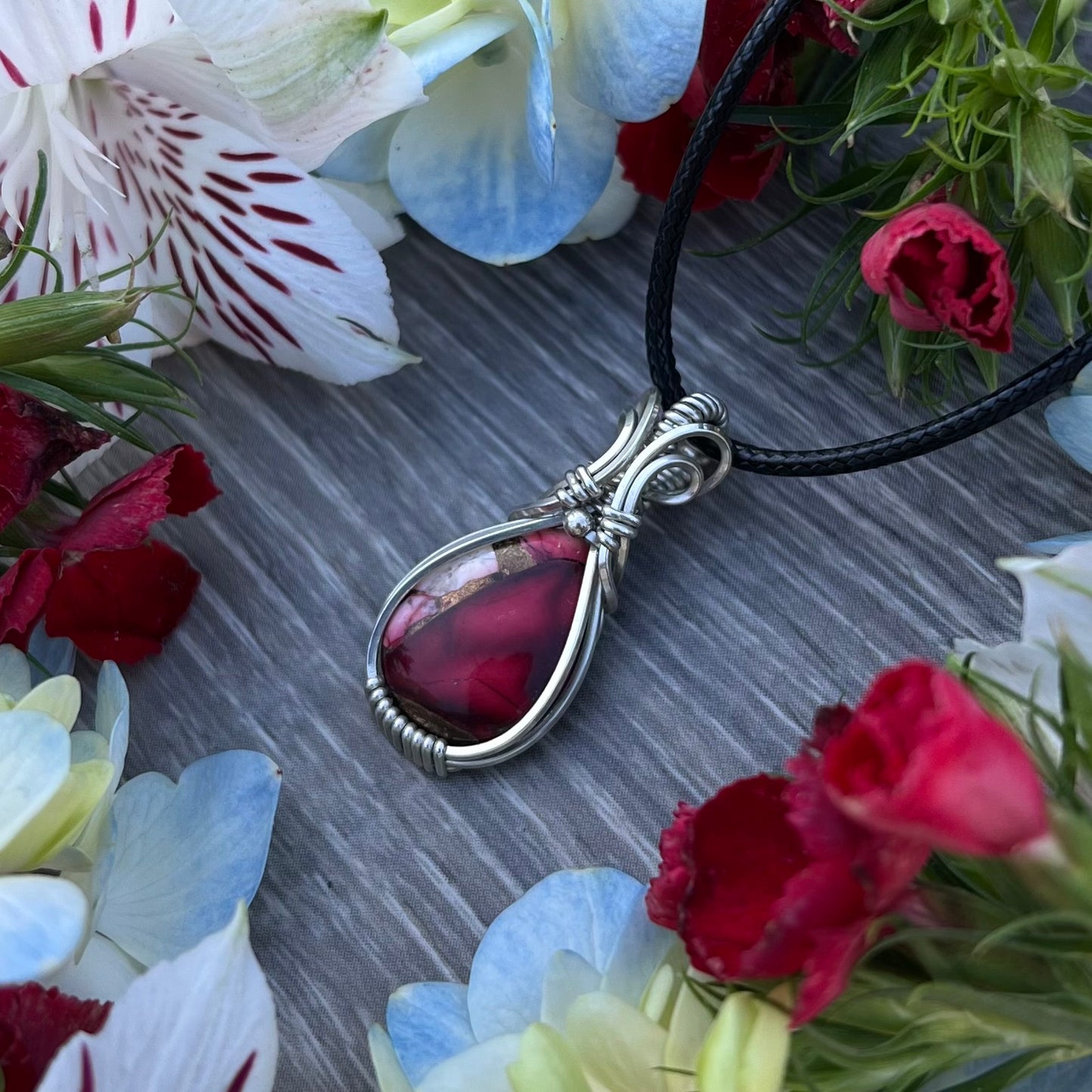 Red Rose Dahlia Pendant in Argentium Silver