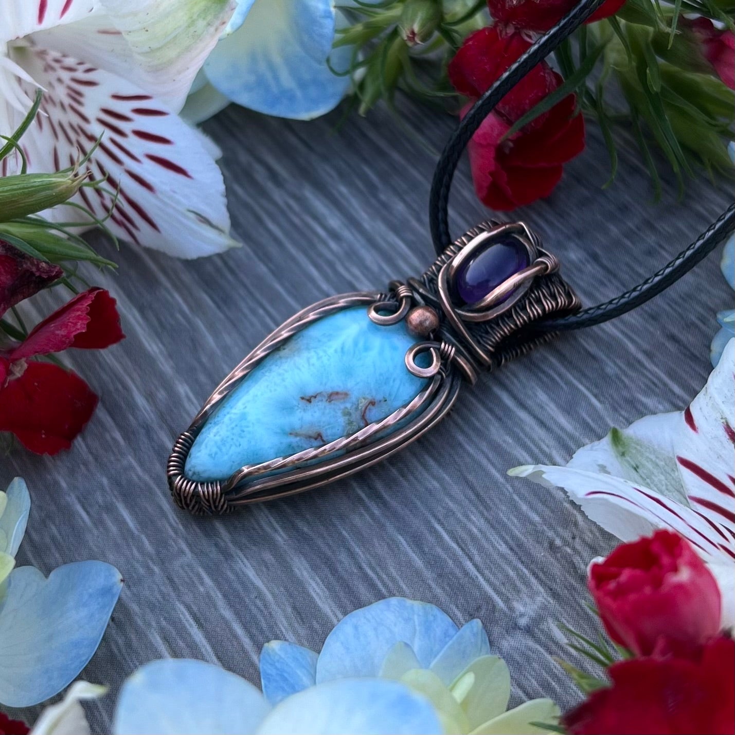 Larimar with Amethyst Pendant in Antiqued Copper