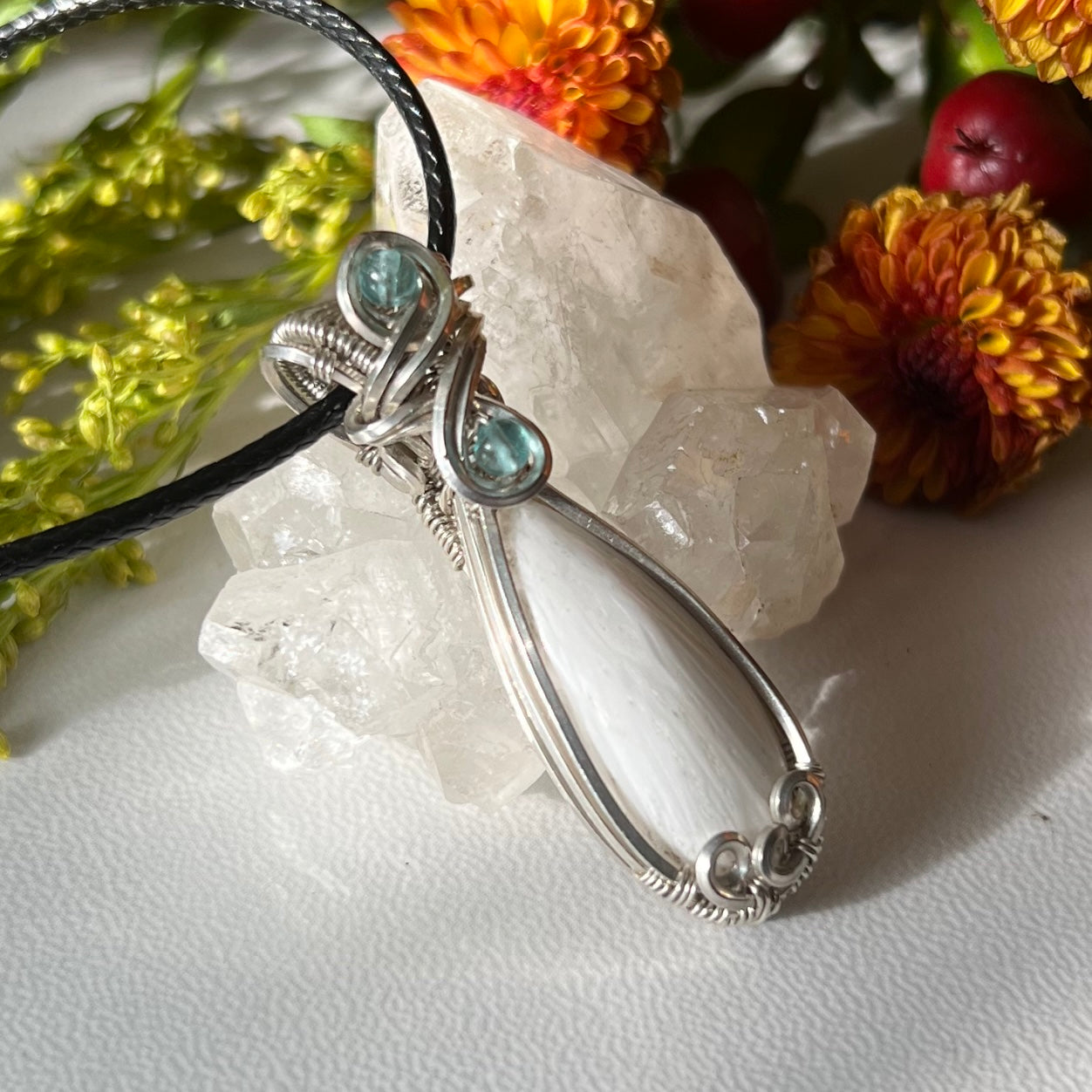 Scolecite with Sky Apatite Pendant in Argentium Silver