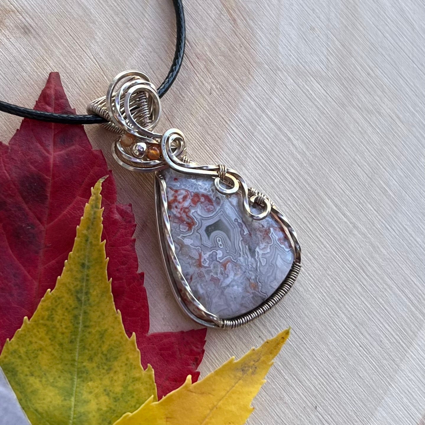 Laguna Lace Agate with Carnelian Pendant in Argentium Silver