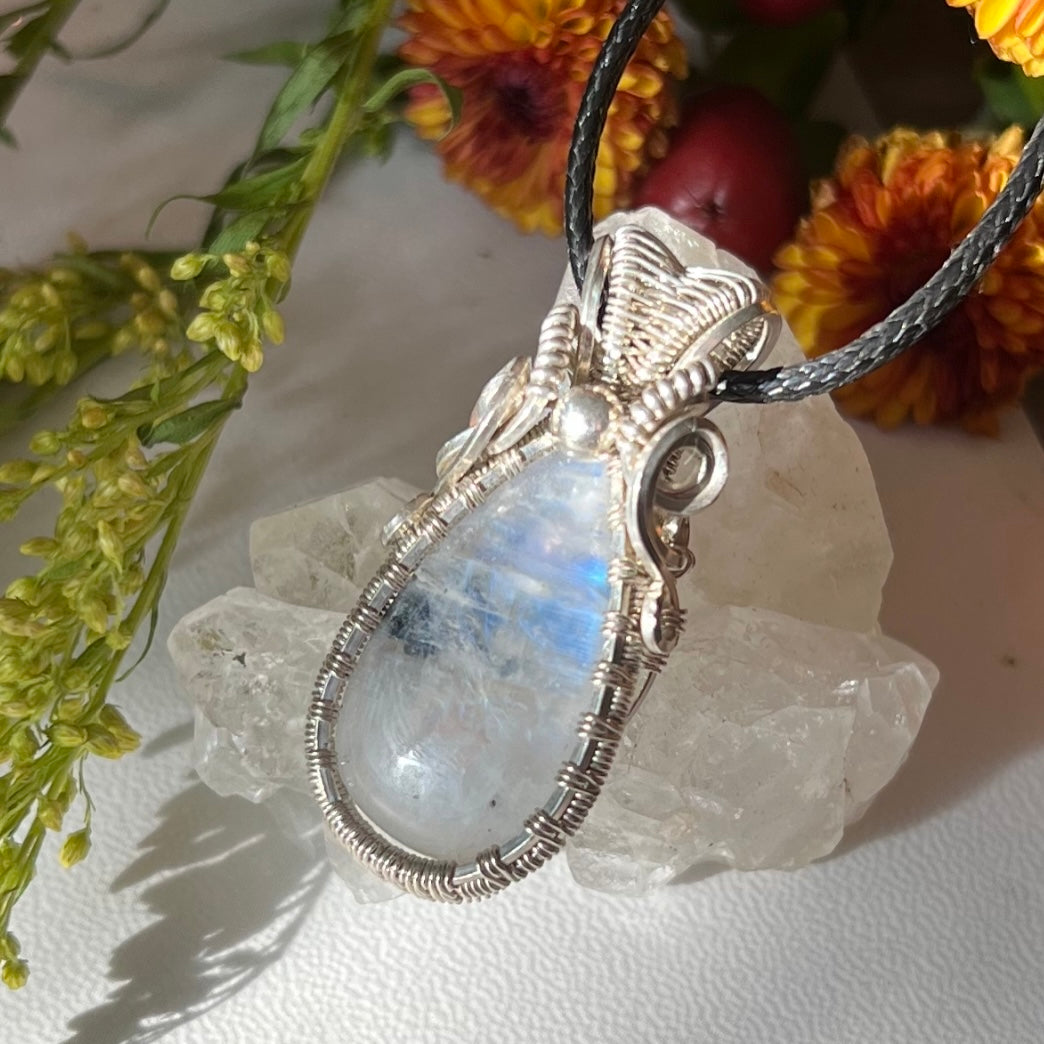 Rainbow Moonstone with Tourmaline Pendant in Argentium Silver hi