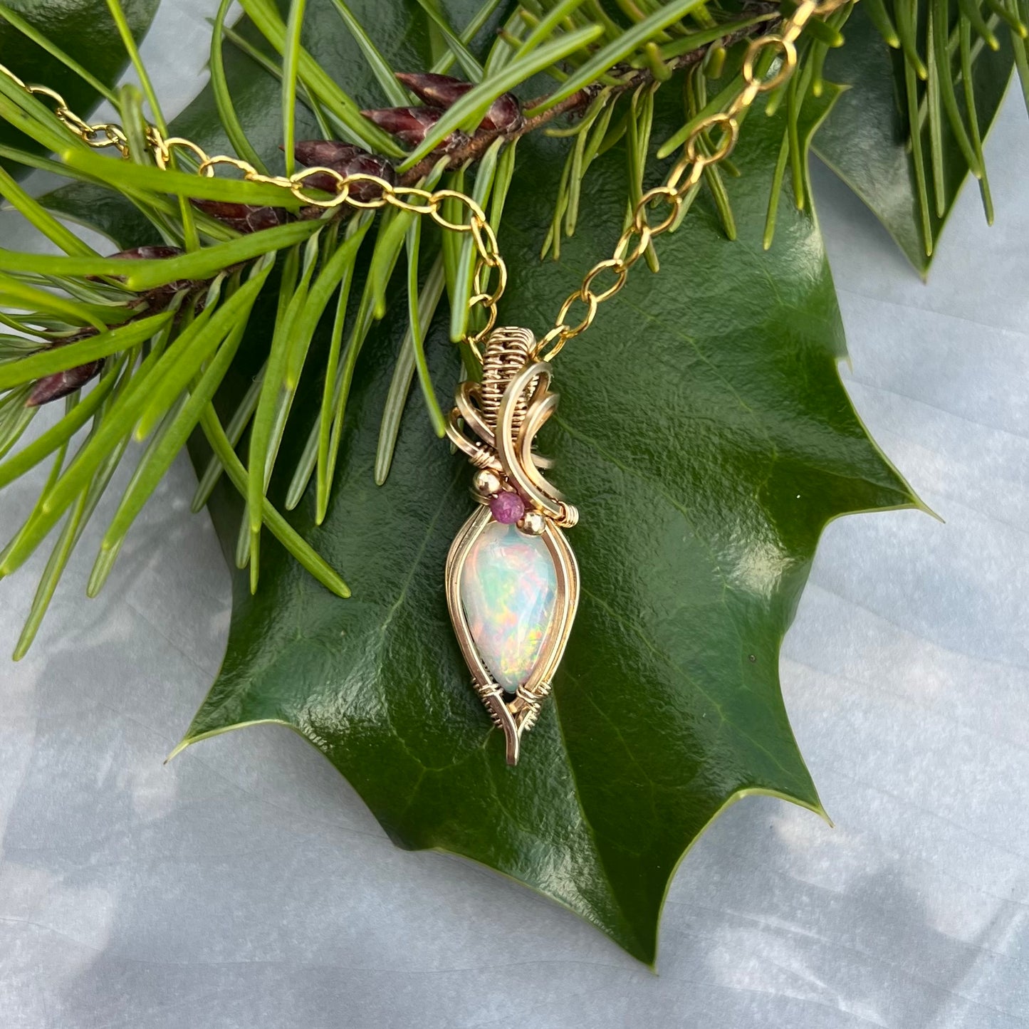 Ethiopian Opal with Ruby in Gold-Filled Wire Pendant