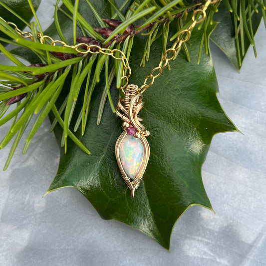 Ethiopian Opal with Ruby in Gold-Filled Wire Pendant