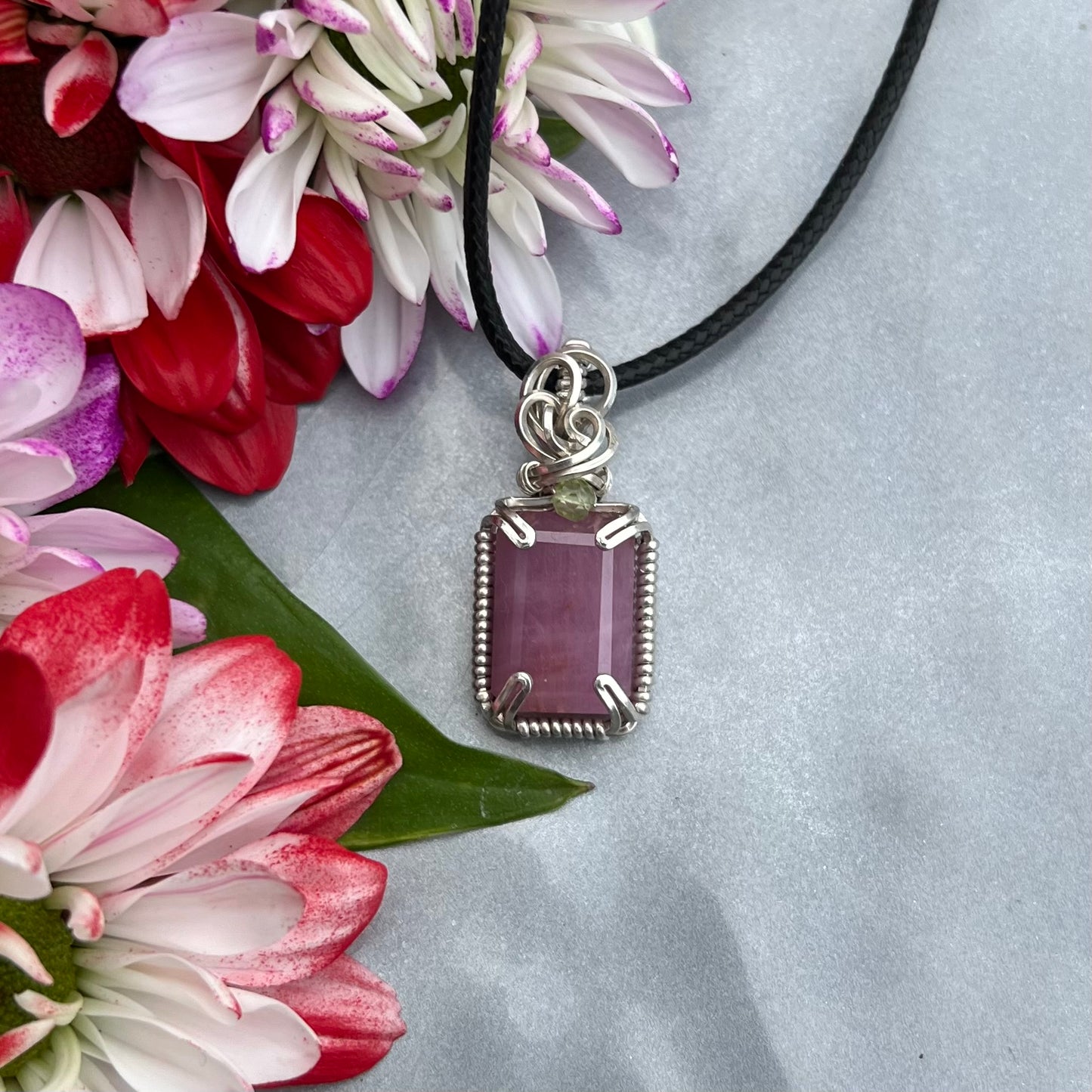 Pink Sapphire with Peridot in Argentium Silver