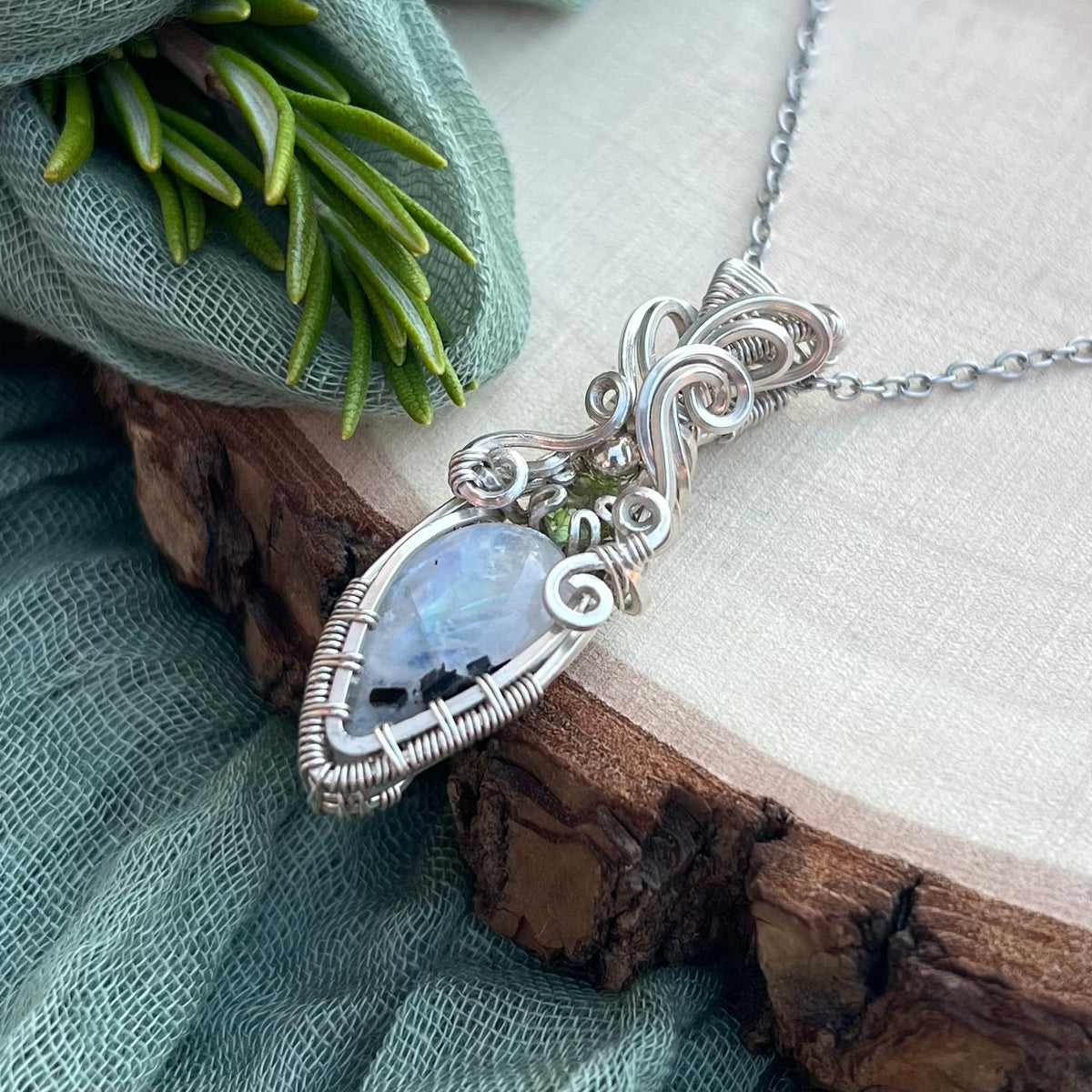Moonstone & Peridot Argentium Silver Pendant