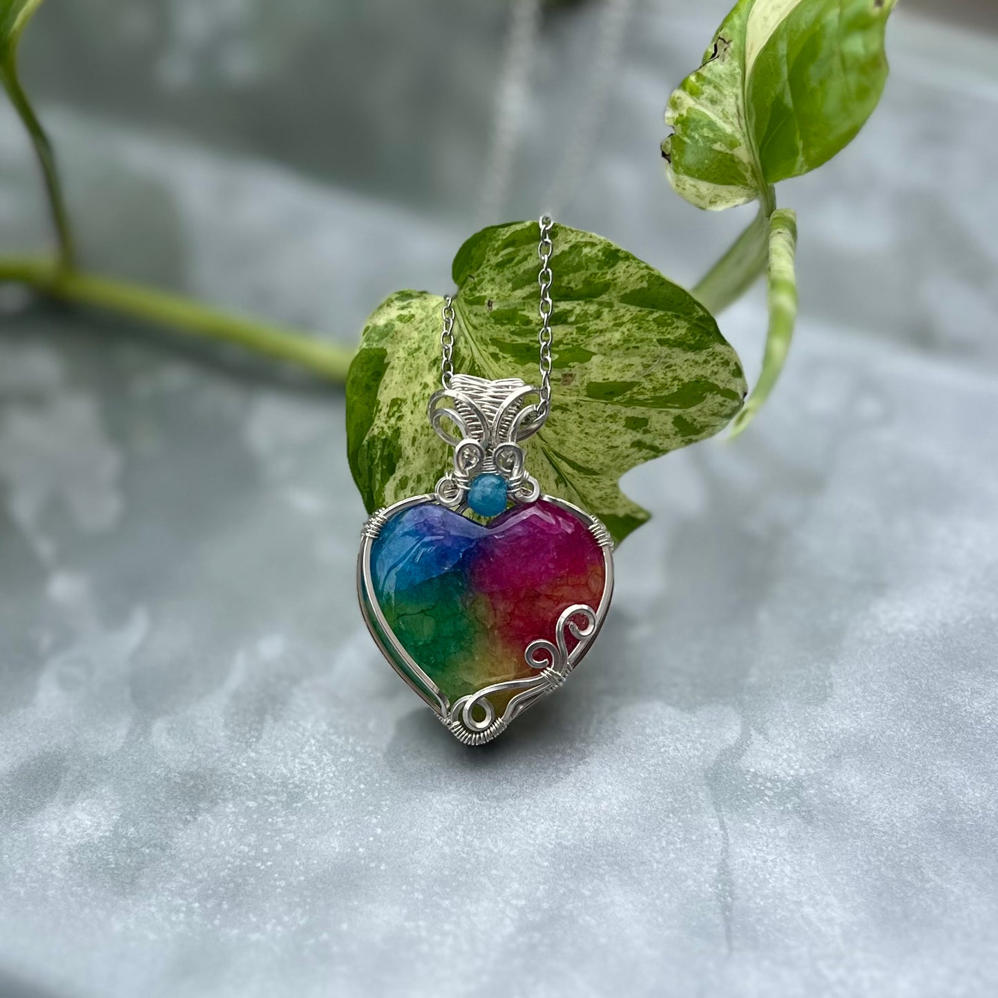 Rainbow Enhanced Quartz Heart Pendant in Argentium Silver