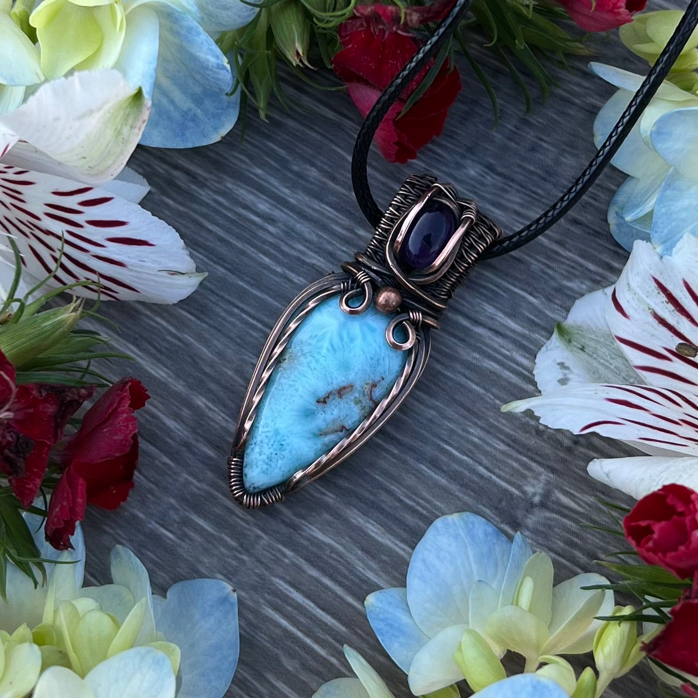 Larimar with Amethyst Pendant in Antiqued Copper