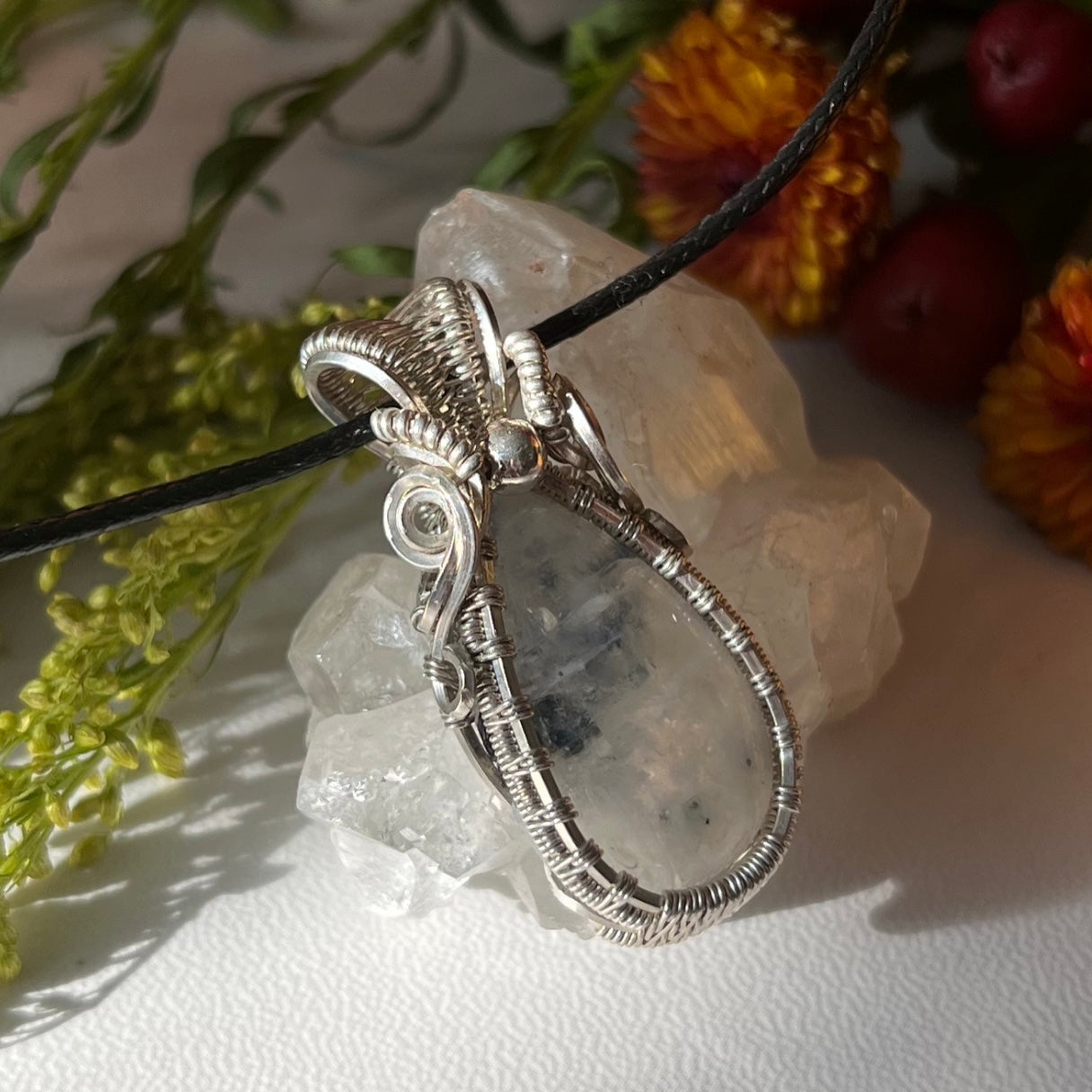 Rainbow Moonstone with Tourmaline Pendant in Argentium Silver hi