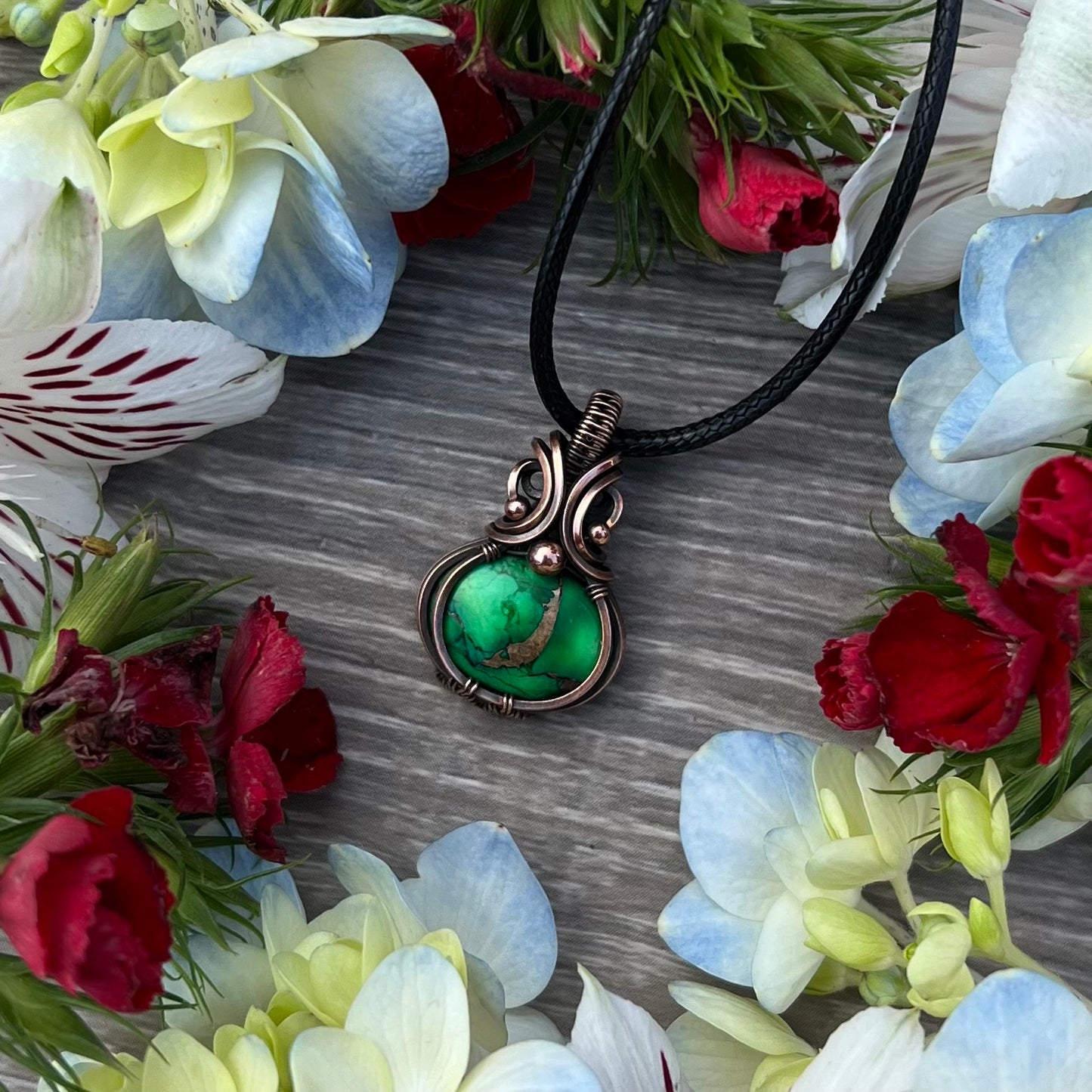 Green Rose Dahlia Pendant in Antiqued Copper