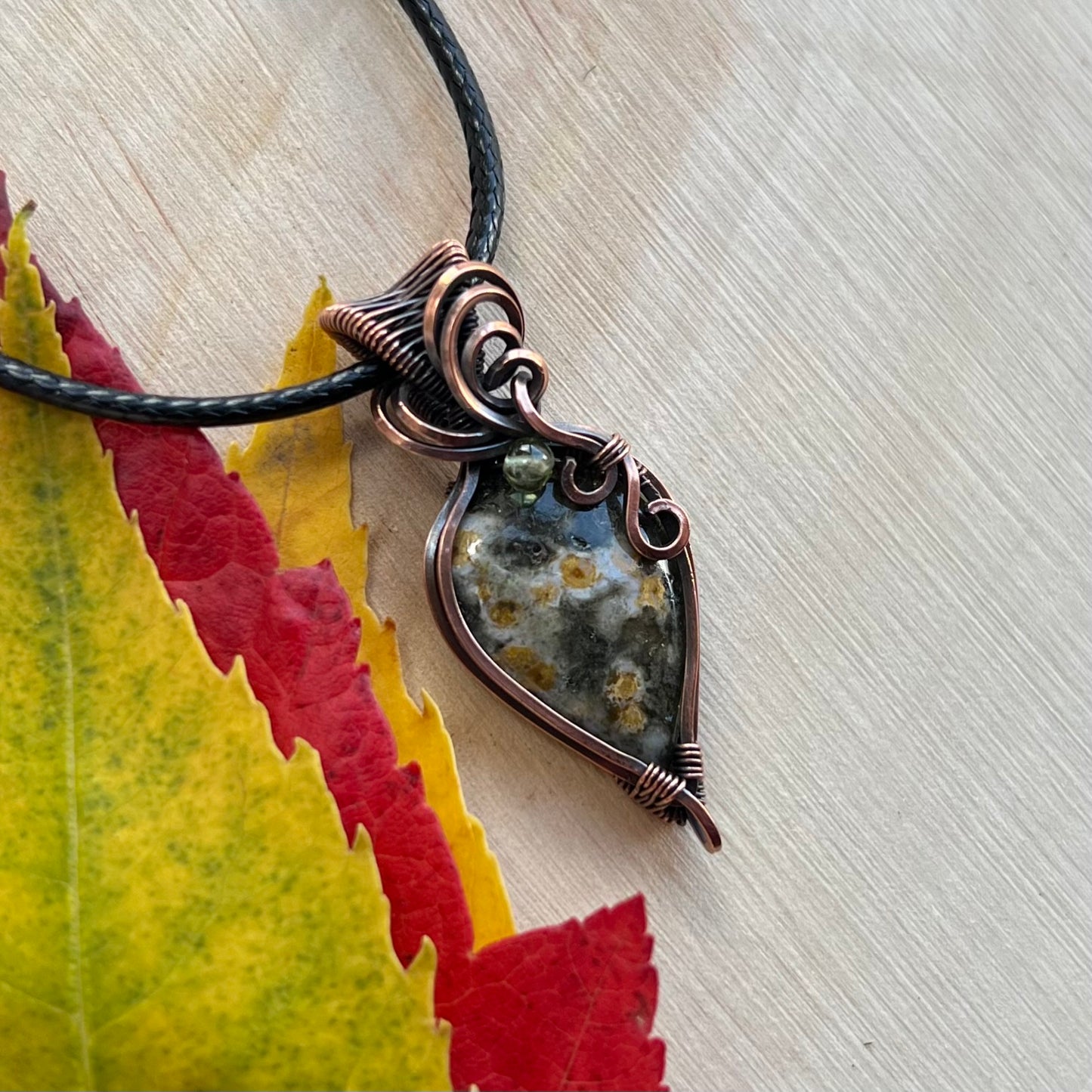 Ocean Jasper with Peridot Pendant in Copper