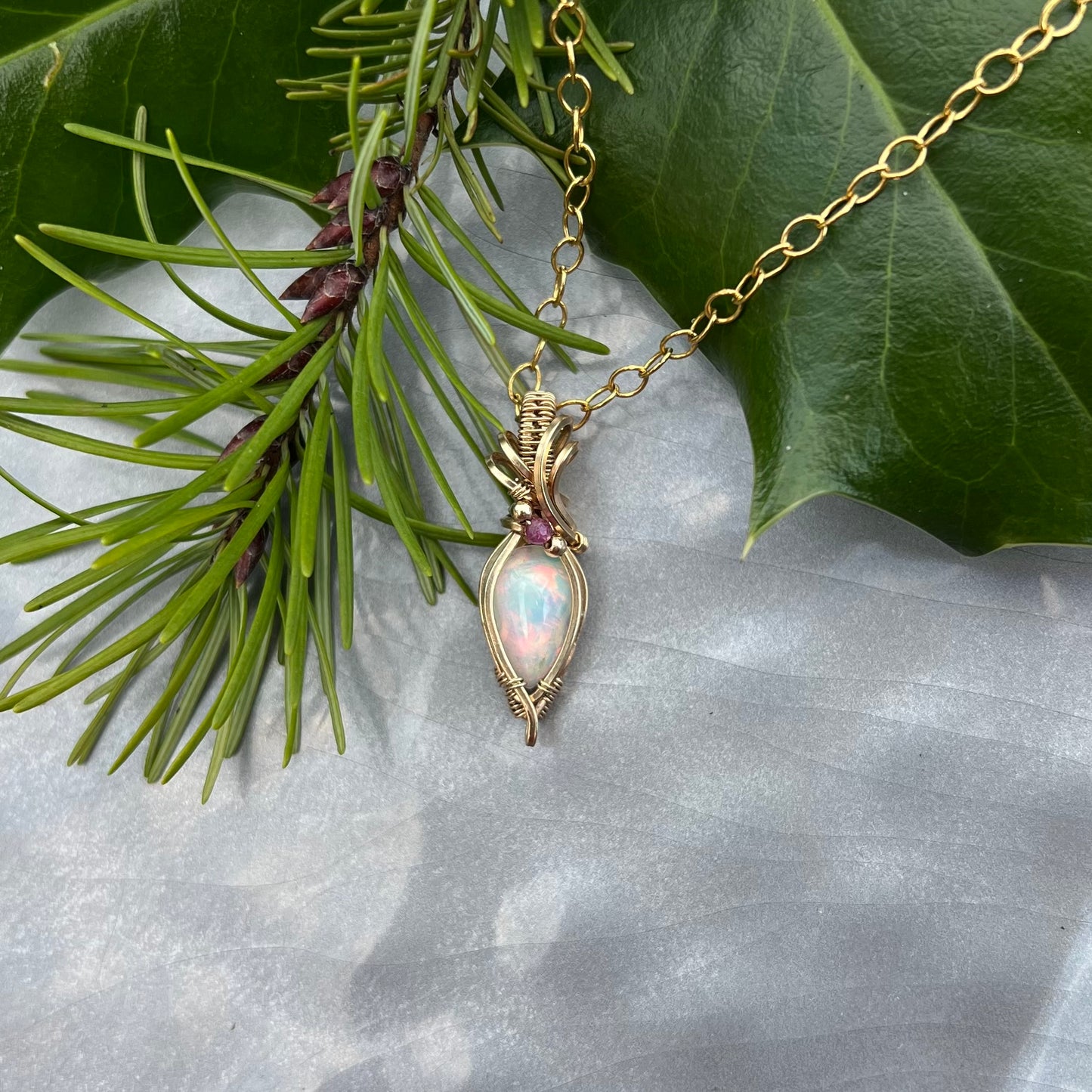 Ethiopian Opal with Ruby in Gold-Filled Wire Pendant