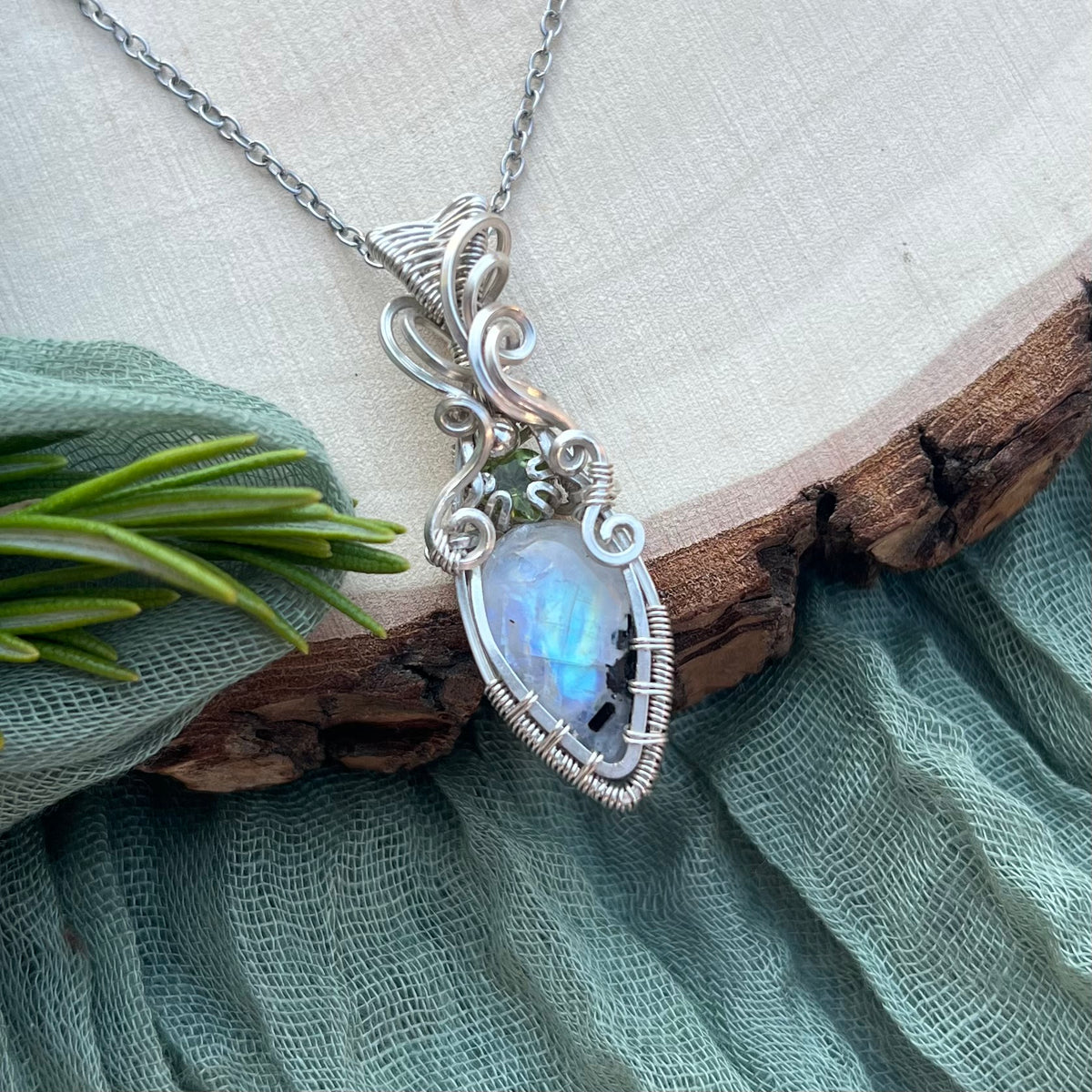Moonstone & Peridot Argentium Silver Pendant
