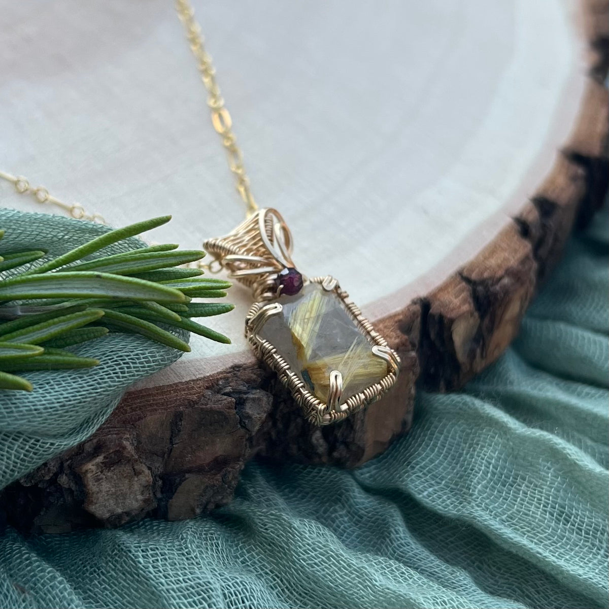 Golden Rutilated Quartz & Garnet Pendant|14k Gold-Filled