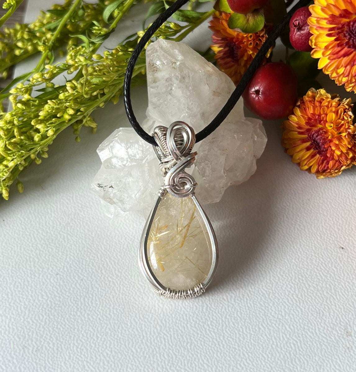 Golden Rutilated Quartz Pendant in Argentium Silver