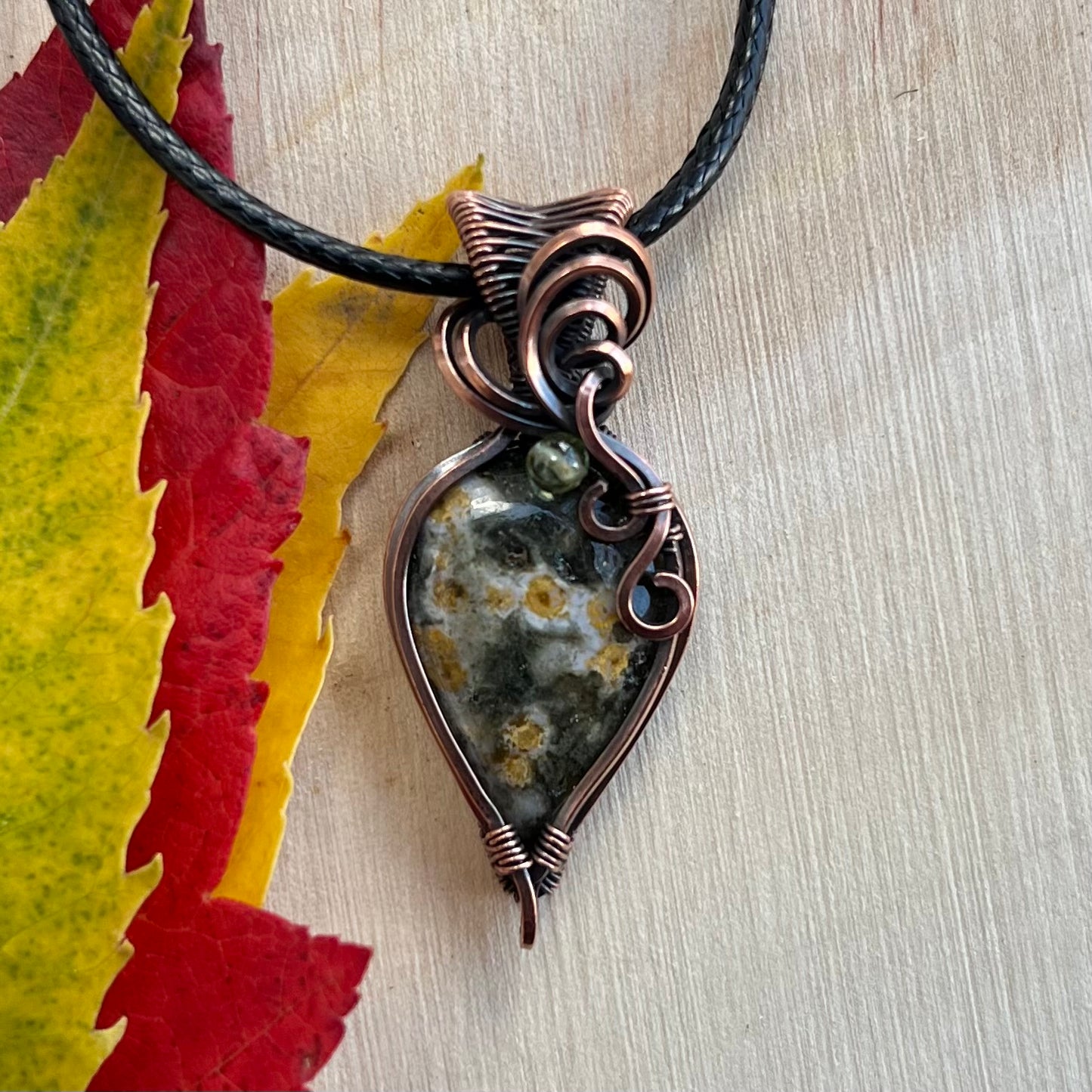 Ocean Jasper with Peridot Pendant in Copper