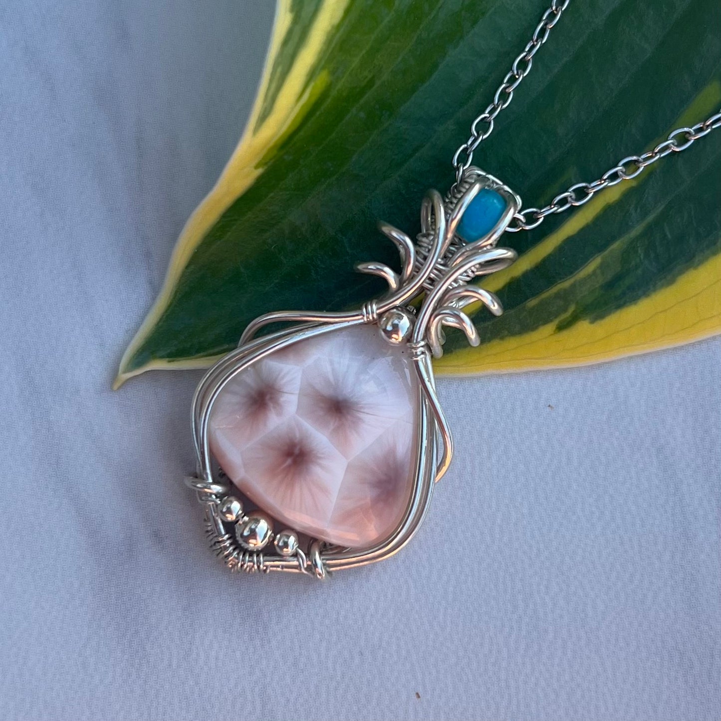 Rhodatrolite with Turquoise in Argentium Silver