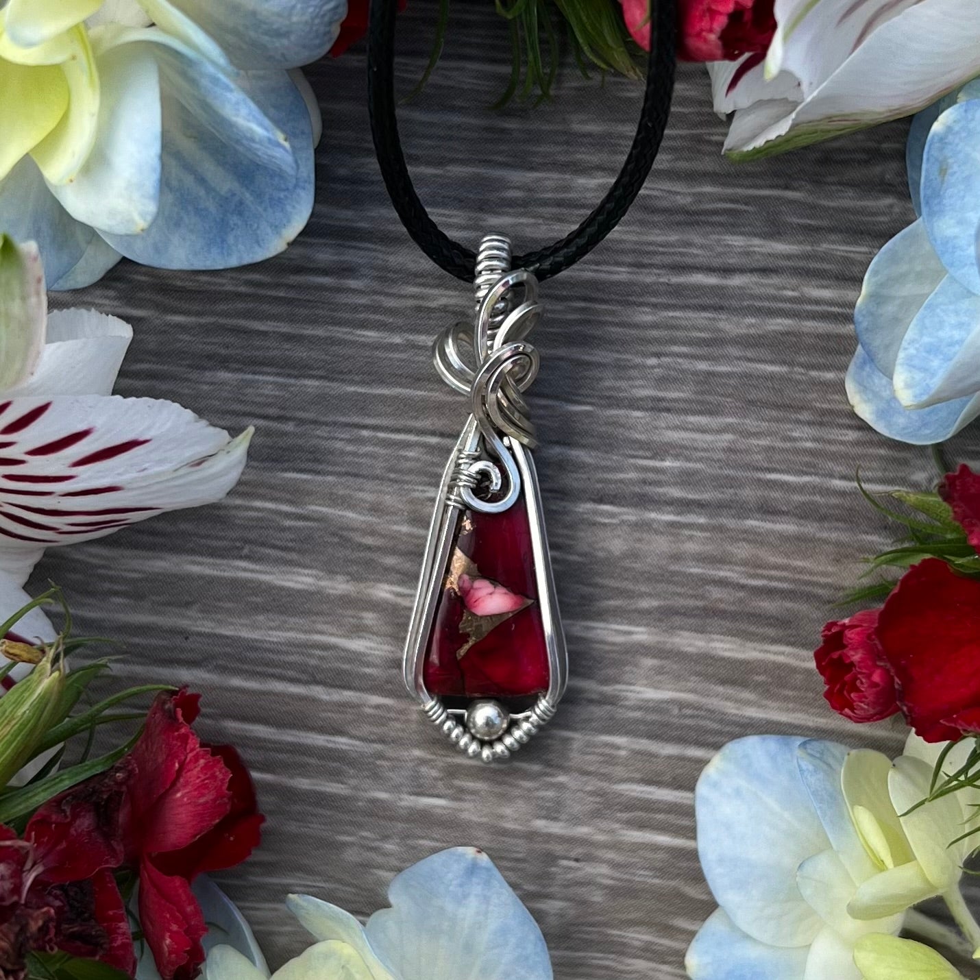 Red Rose Dahlia Pendant in Argentium Silver