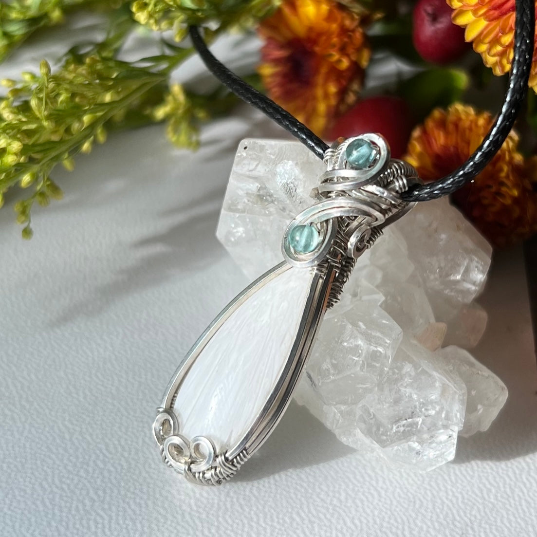 Scolecite with Sky Apatite Pendant in Argentium Silver