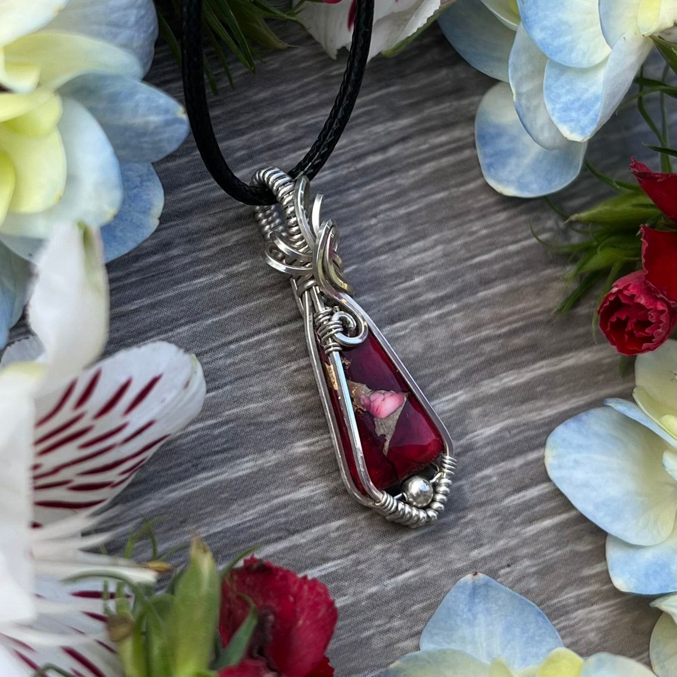 Red Rose Dahlia Pendant in Argentium Silver