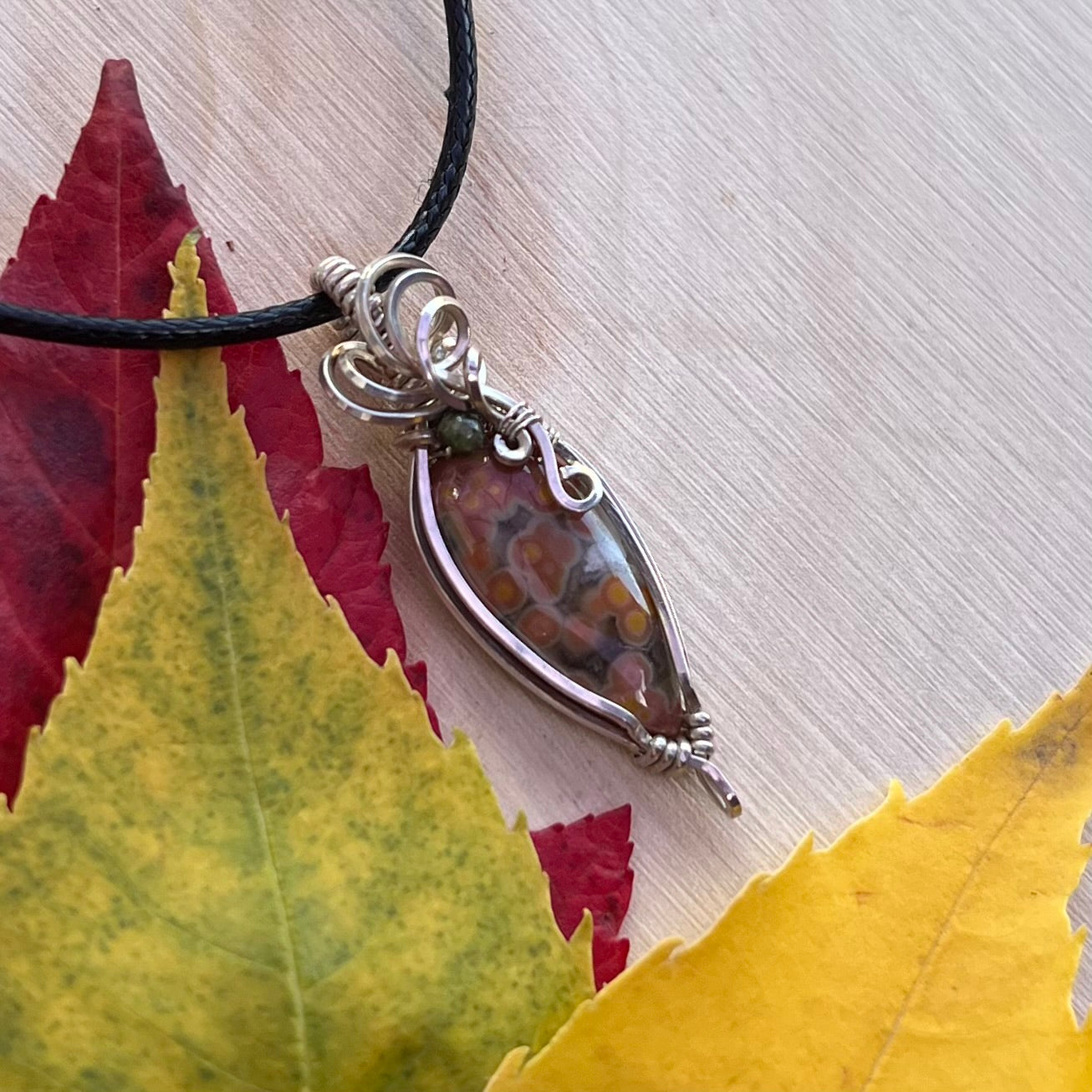 Ocean Jasper with Green Tourmaline Pendant in Argentium Silver