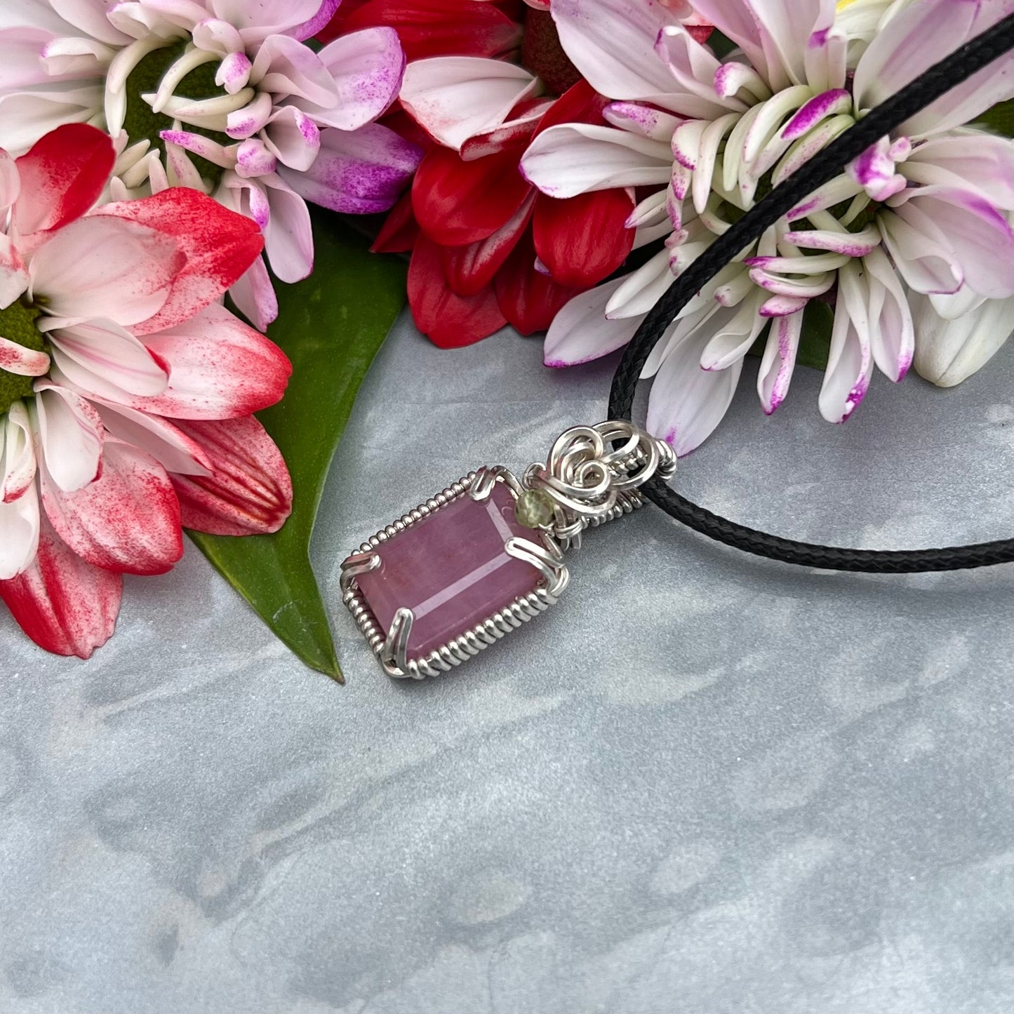 Pink Sapphire with Peridot in Argentium Silver