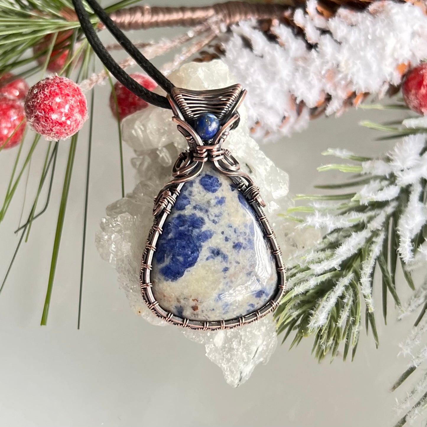 Sodalite with Lapis Lazuli Pendant in oxidized Copper