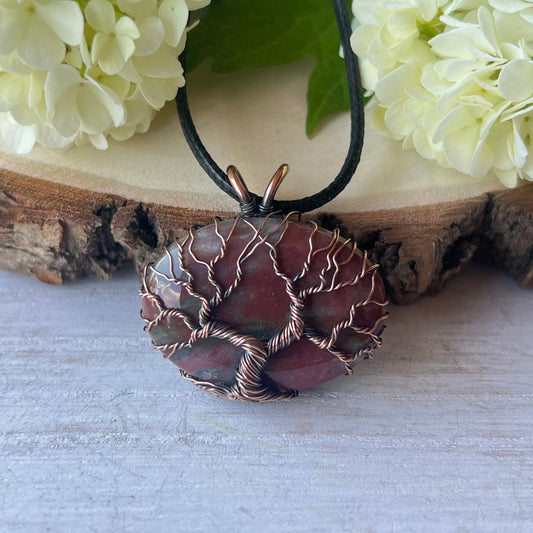 Fancy Jasper Pendant with Tree of Life in antiqued Copper Wire