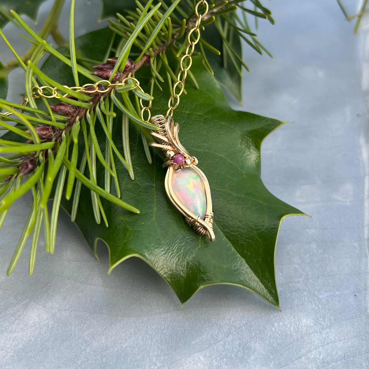 Ethiopian Opal with Ruby in Gold-Filled Wire Pendant