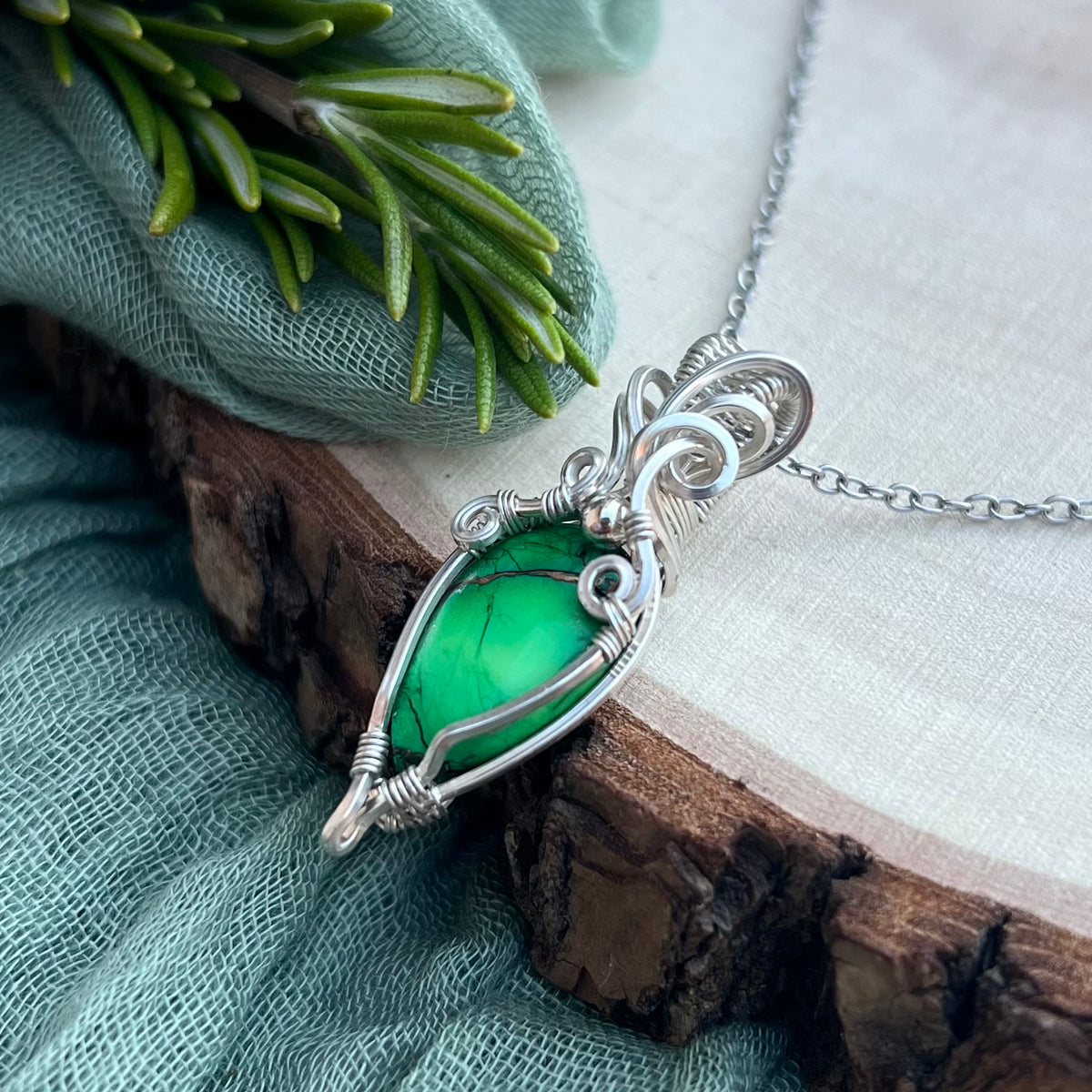 Green Dahlia Turquoise Composite Pendant|Argentium Silver