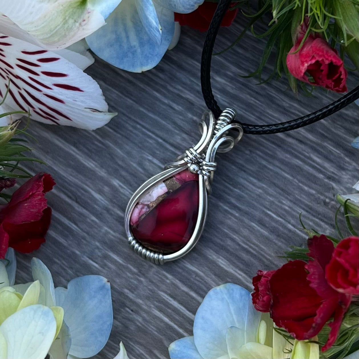 Red Rose Dahlia Pendant in Argentium Silver