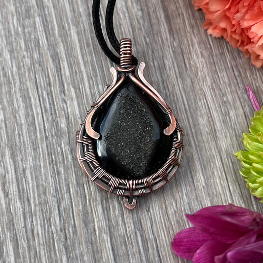 Black Onyx Druzy Pendant in Copper