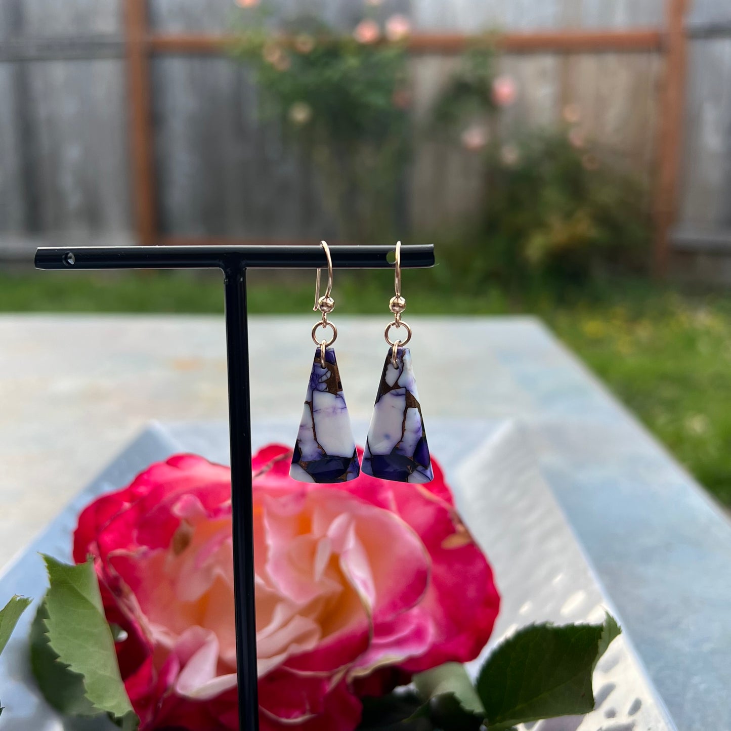 Purple Rose Dahlia Earrings in 14k Gold Filled Wire