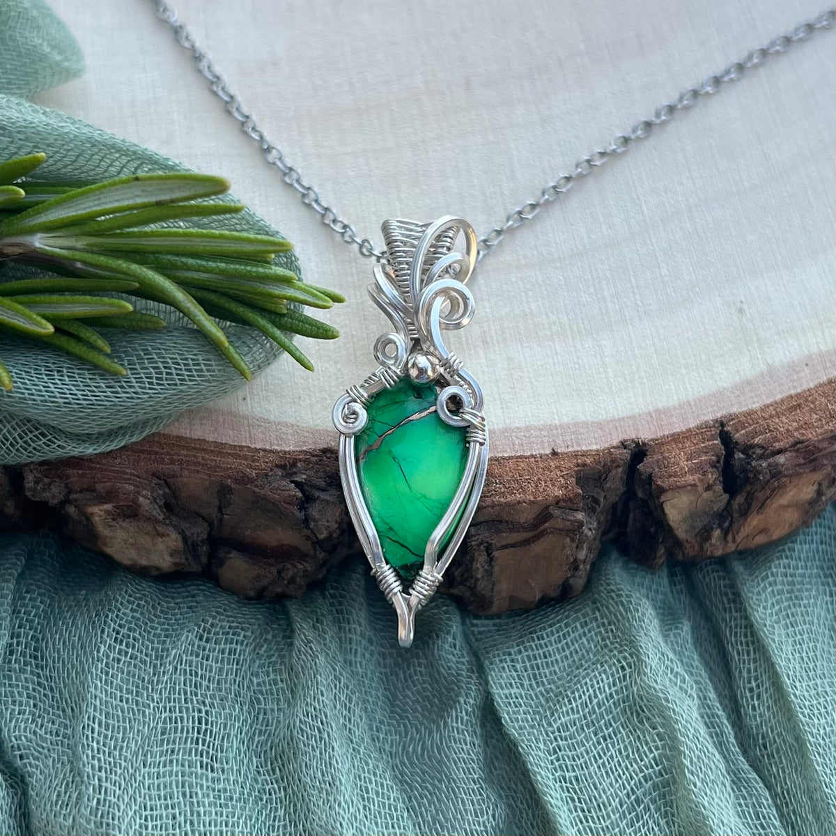 Green Dahlia Turquoise Composite Pendant|Argentium Silver