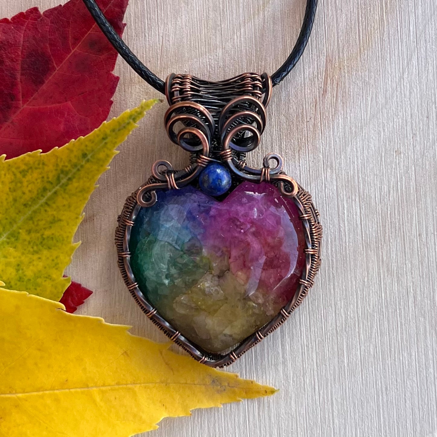 Quartz Heart with Lapis Lazuli Pendant in Copper