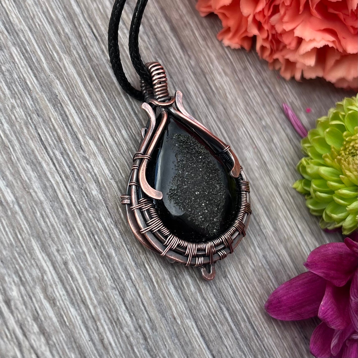 Black Onyx Druzy Pendant in Copper