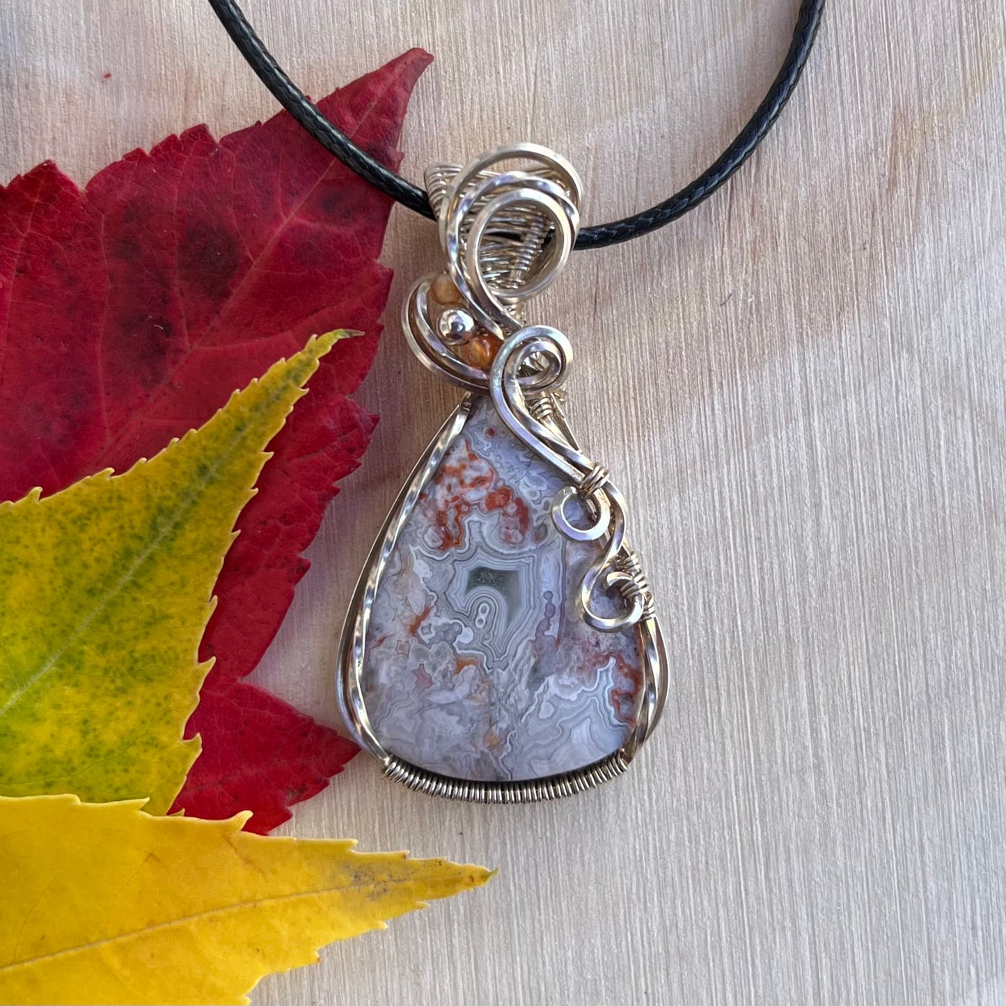 Laguna Lace Agate with Carnelian Pendant in Argentium Silver