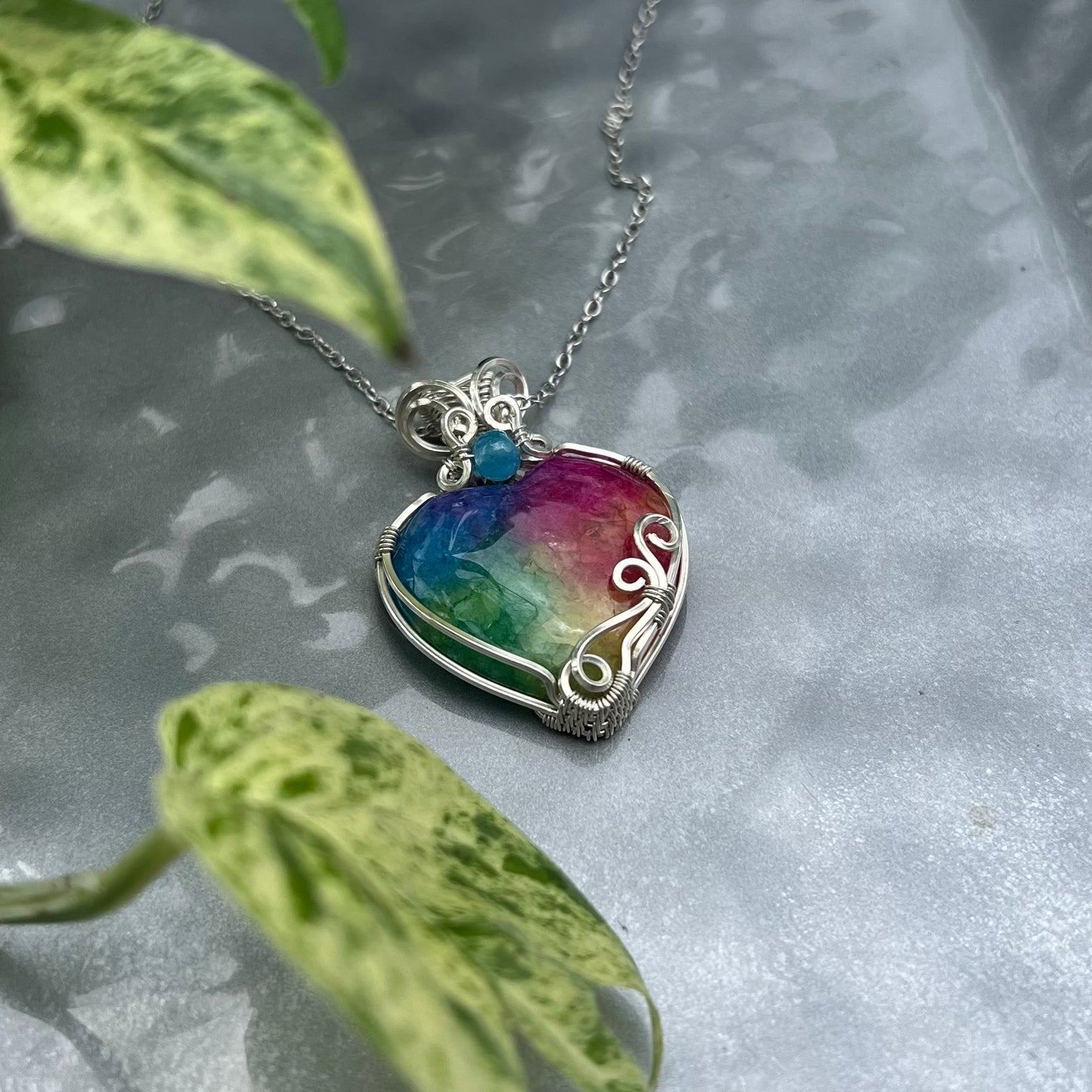 Rainbow Enhanced Quartz Heart Pendant in Argentium Silver