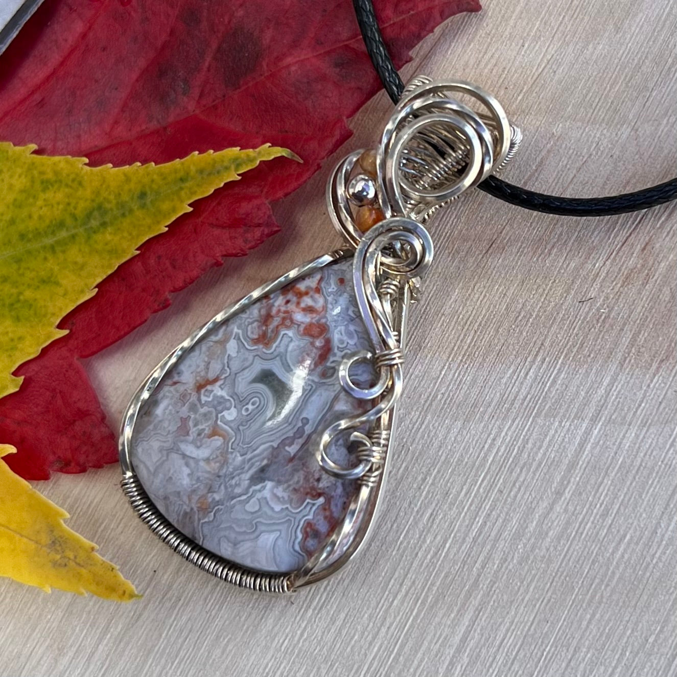 Laguna Lace Agate with Carnelian Pendant in Argentium Silver