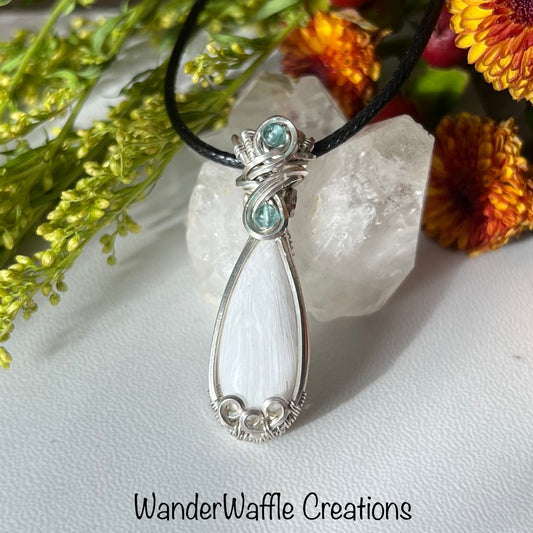 Scolecite with Sky Apatite Pendant in Argentium Silver