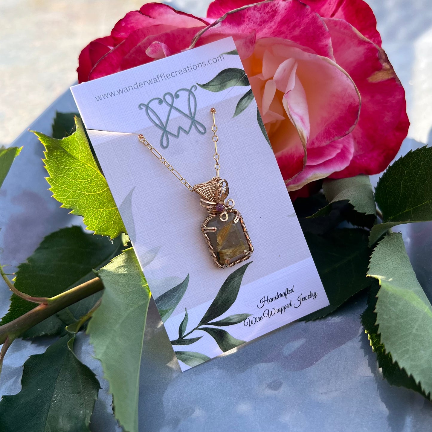 Golden Rutilated Quartz with Ruby in 14k Gold Filled Wire