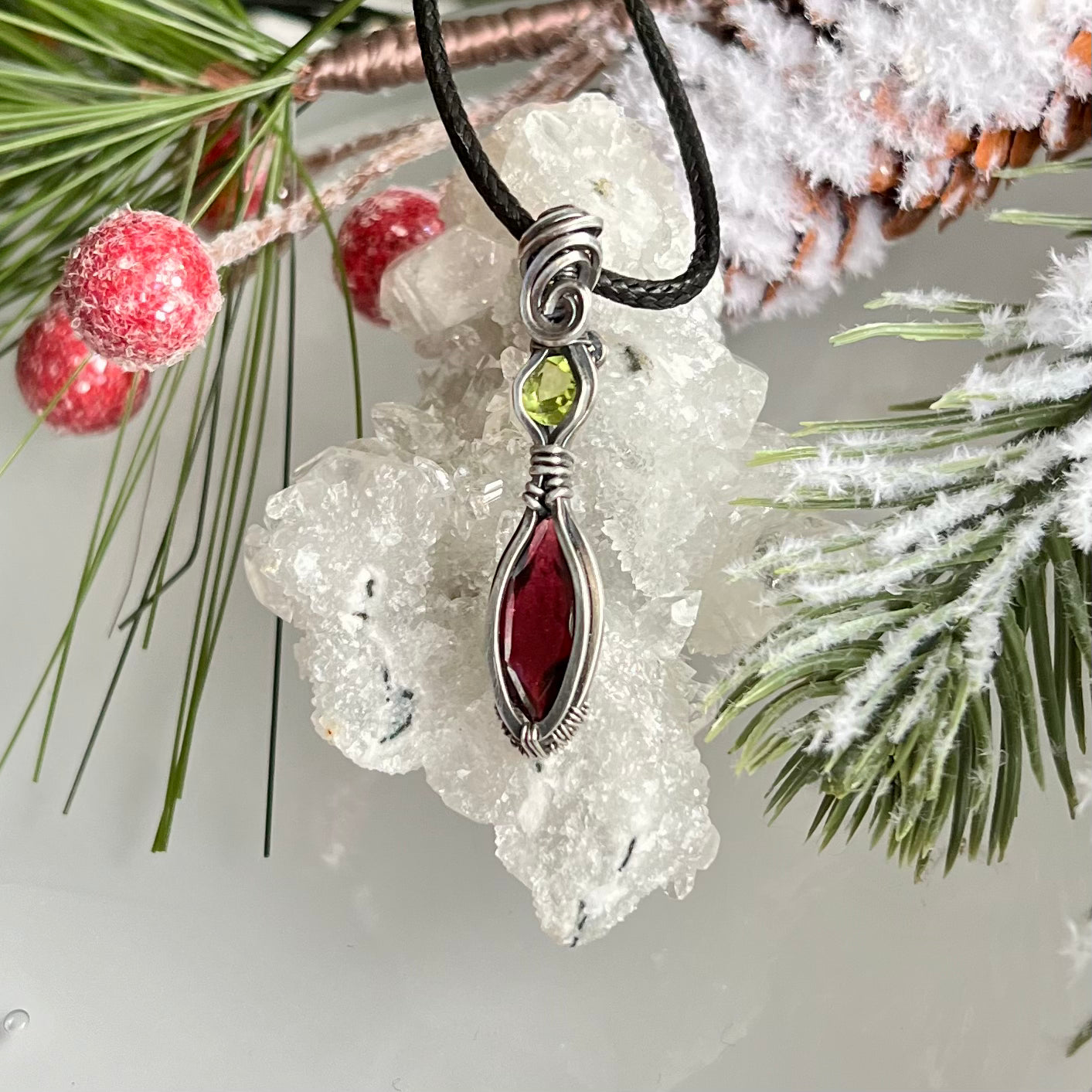 Garnet with Peridot Pendant in Argentium Silver