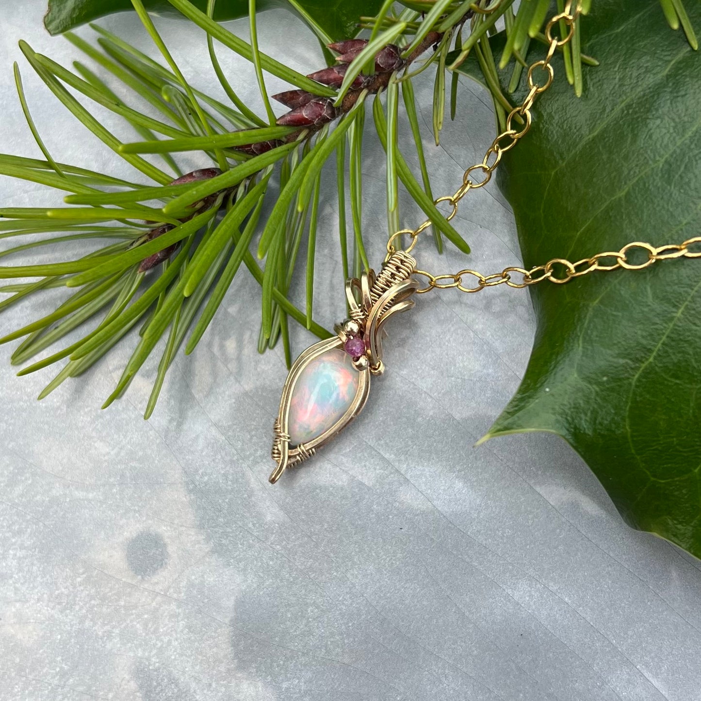 Ethiopian Opal with Ruby in Gold-Filled Wire Pendant