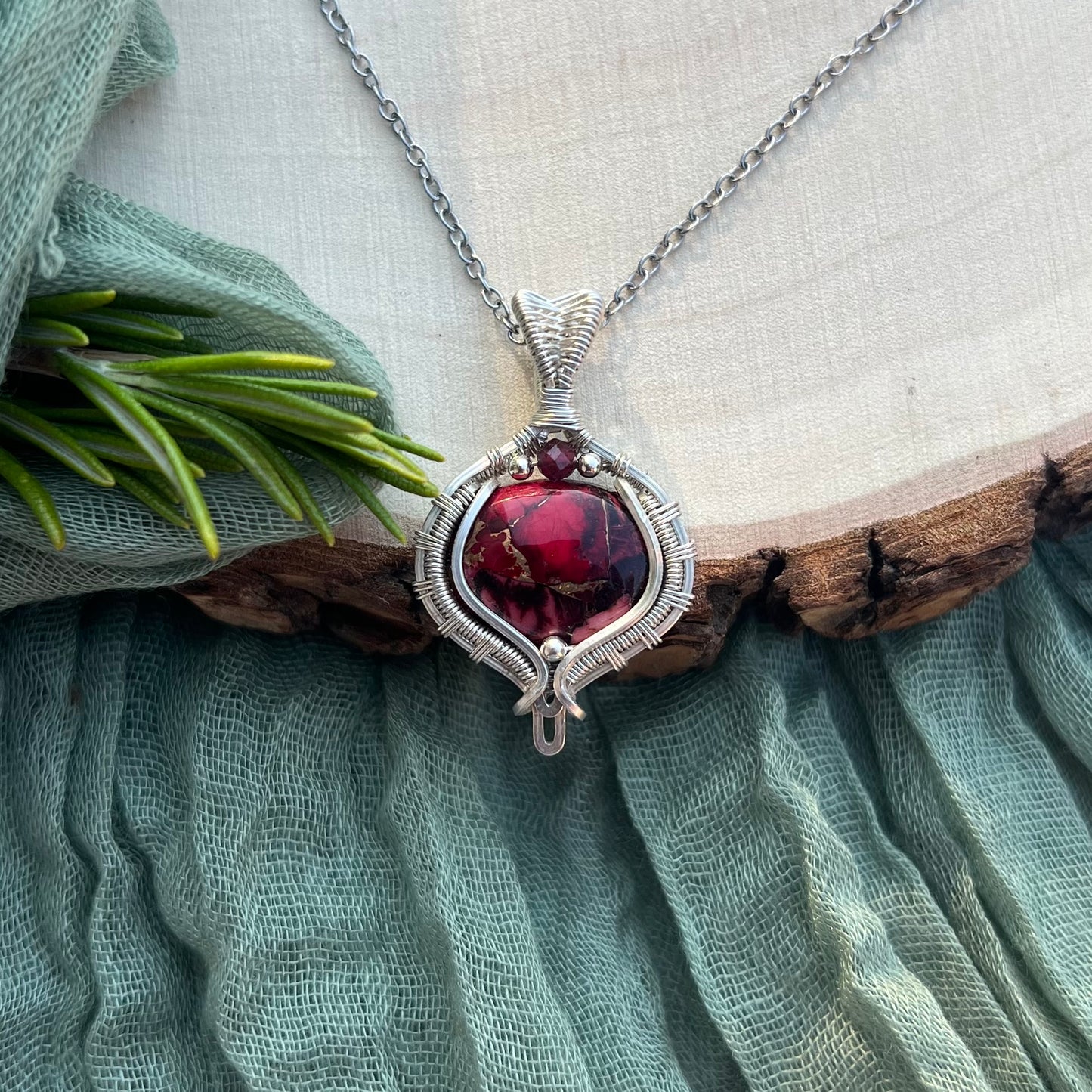 Red Rose Dahlia Turquoise Composite & Garnet Pendant