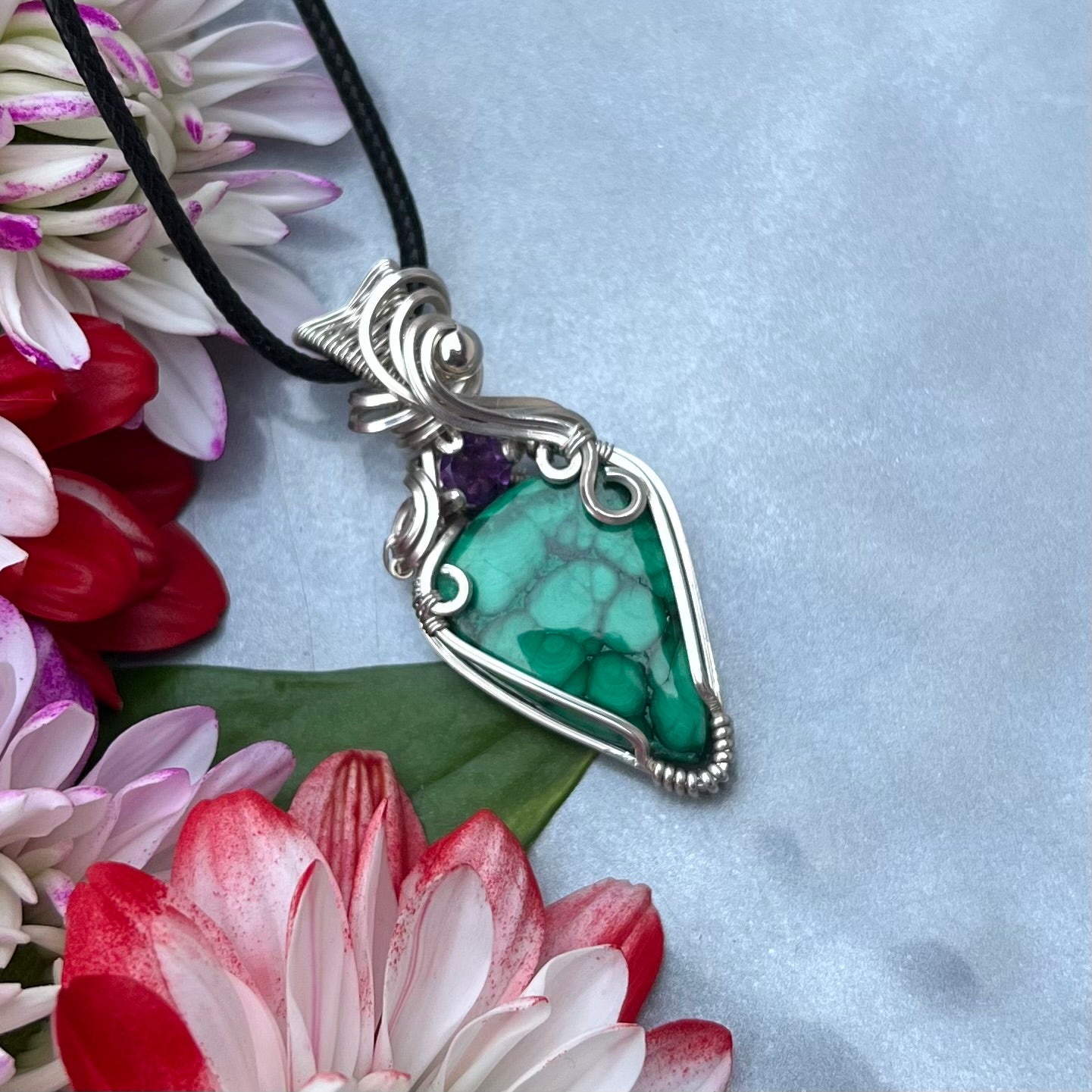 Malachite with Amethyst in Argentium Silver