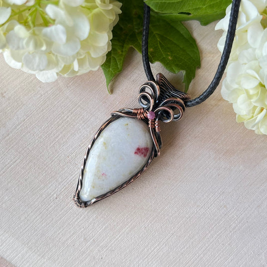 Cinnabar with Amethyst Bead Pendant in antiqued Copper Wire