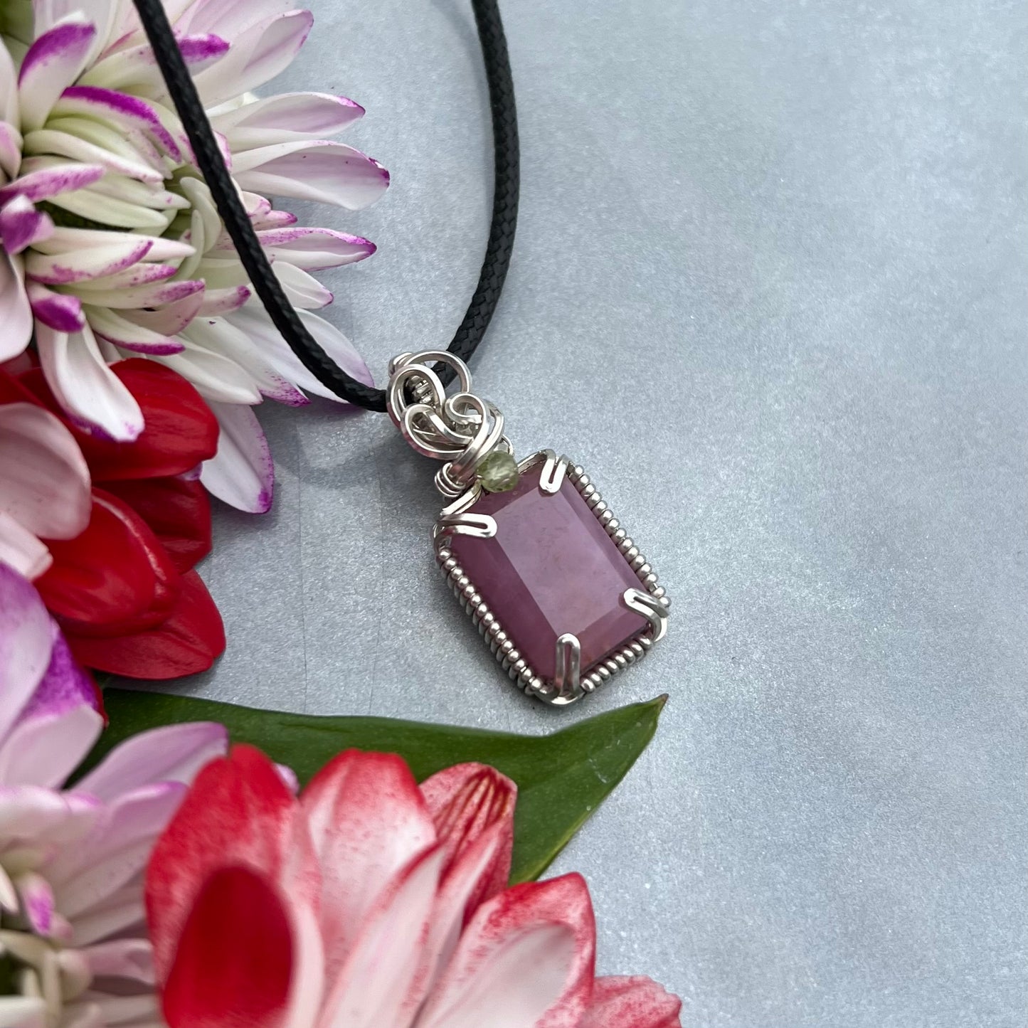 Pink Sapphire with Peridot in Argentium Silver
