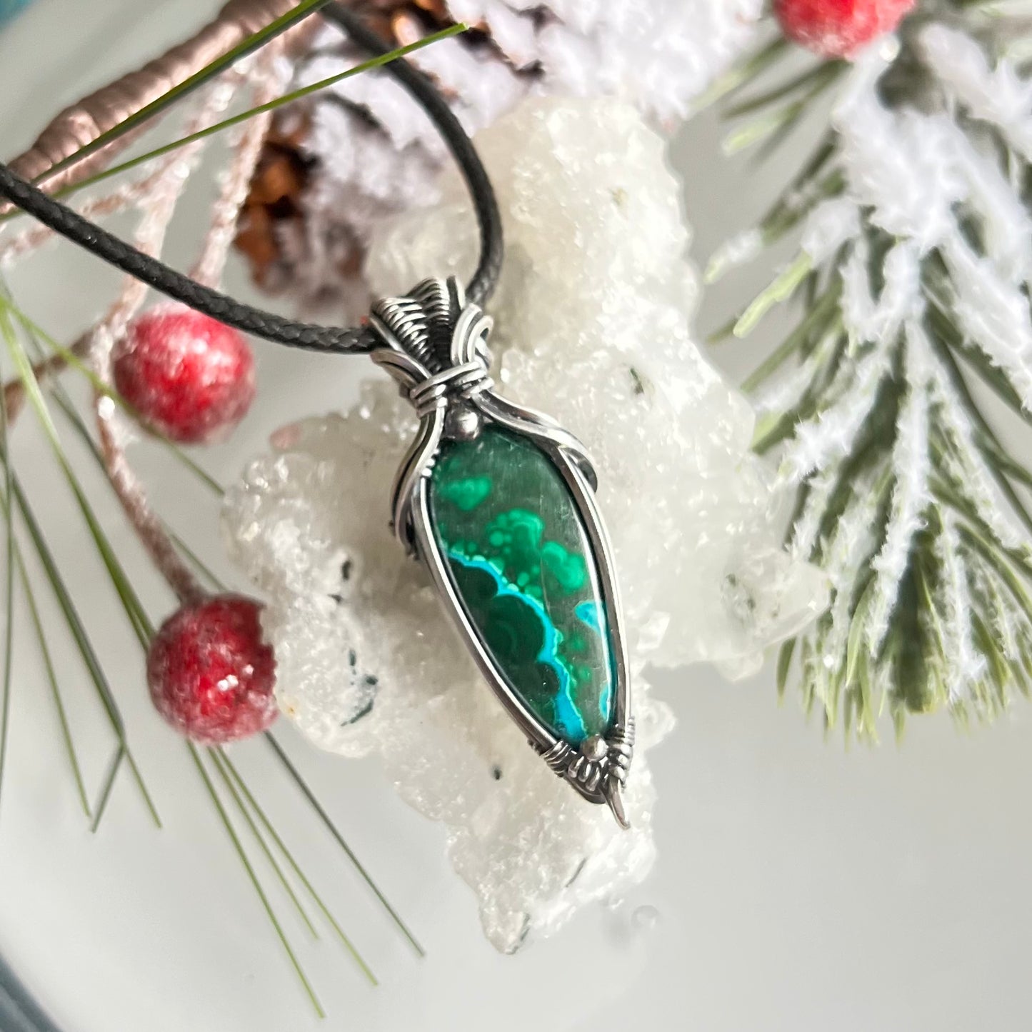 Chrysocolla Malachite Pendant in Oxidized Argentium Silver